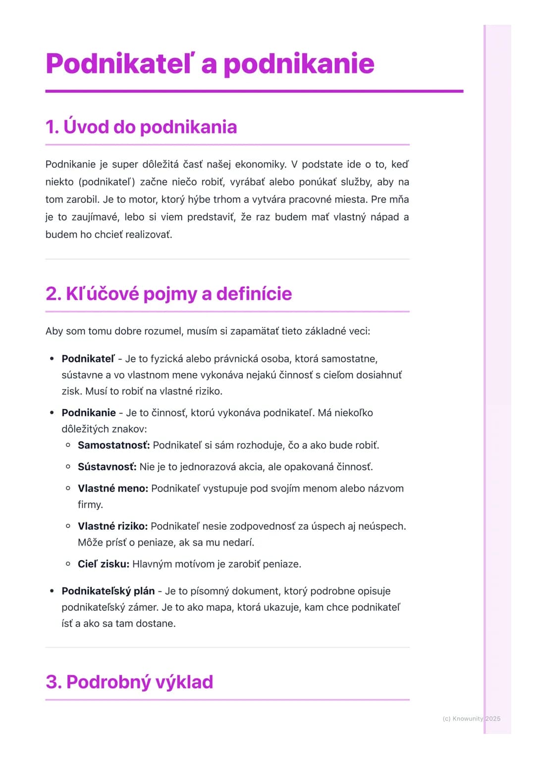 # Podnikateľ a podnikanie

## 1. Úvod do podnikania

Podnikanie je super dôležitá časť našej ekonomiky. V podstate ide o to, keď
niekto (pod