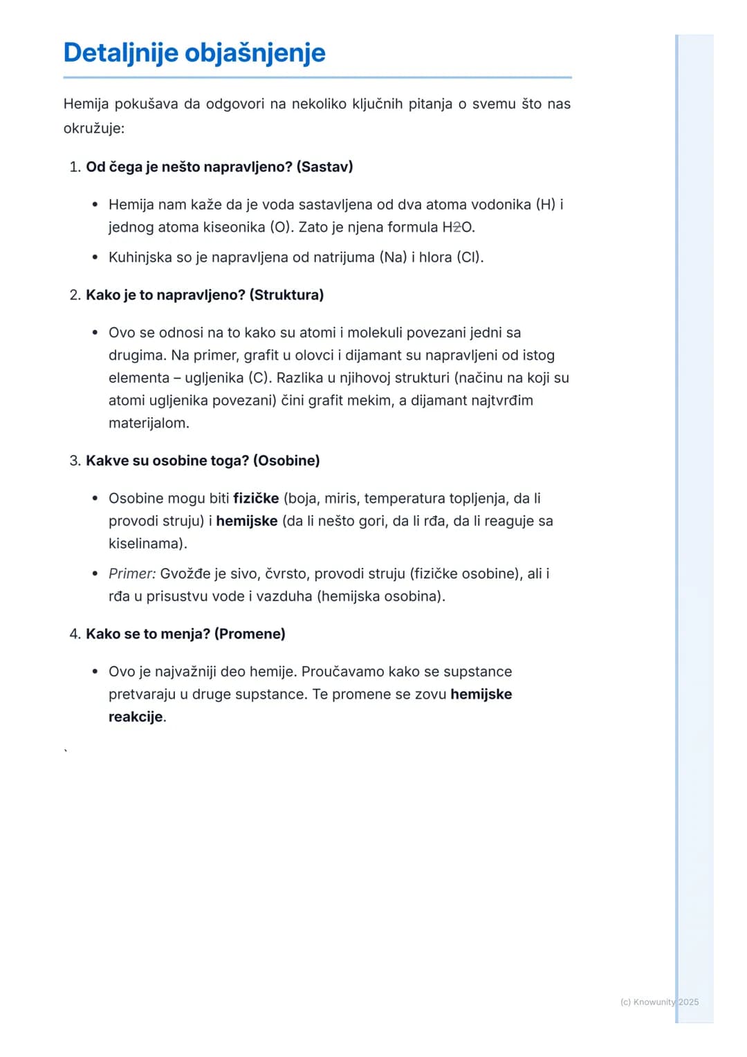 # Šta je hemija?

Uvod: Šta je hemija?

Hemija je prirodna nauka koja proučava supstance od čega su
napravljene, kakve su njihove osobine i 