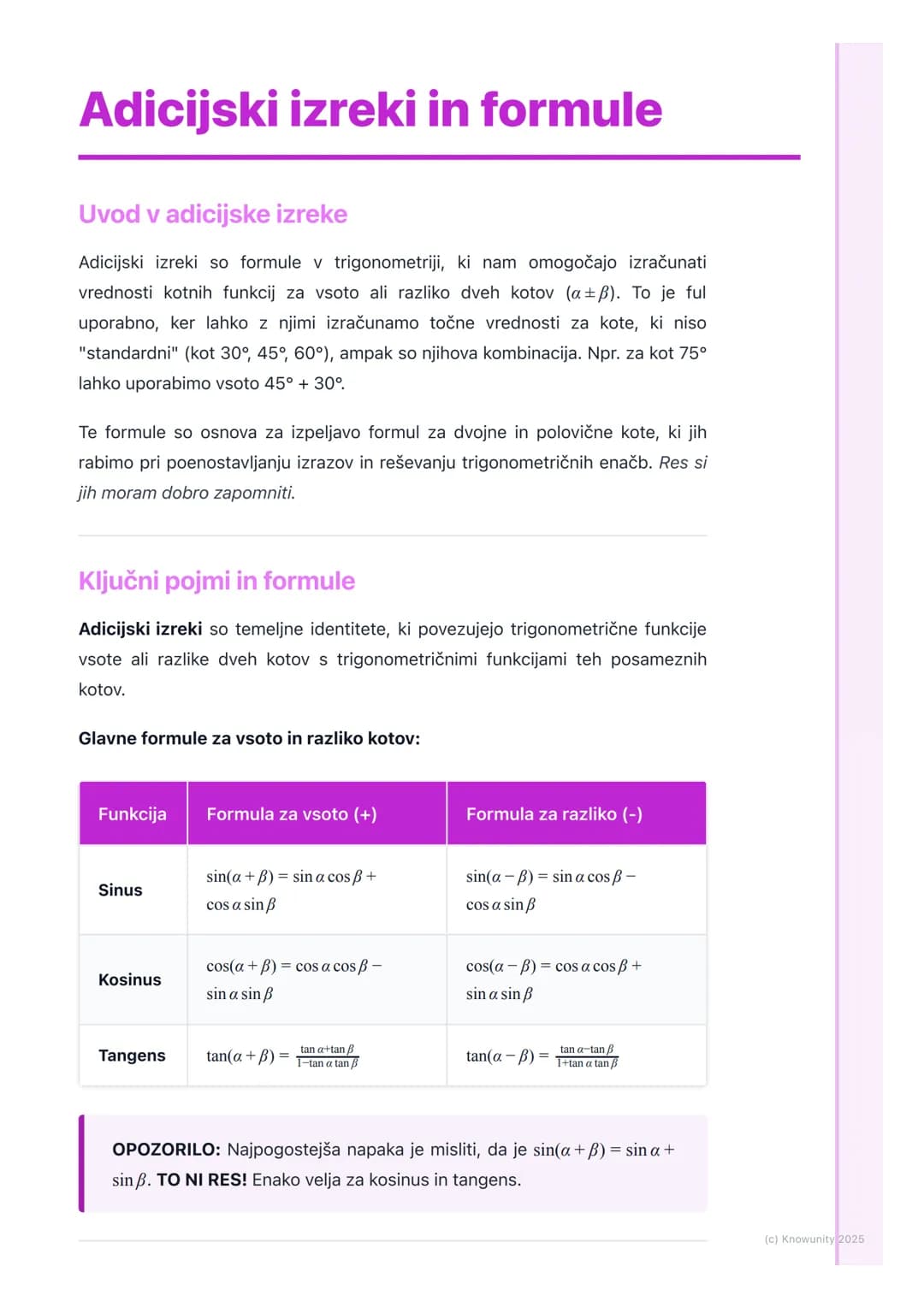 # Adicijski izreki in formule

Uvod v adicijske izreke

Adicijski izreki so formule v trigonometriji, ki nam omogočajo izračunati
vrednosti 