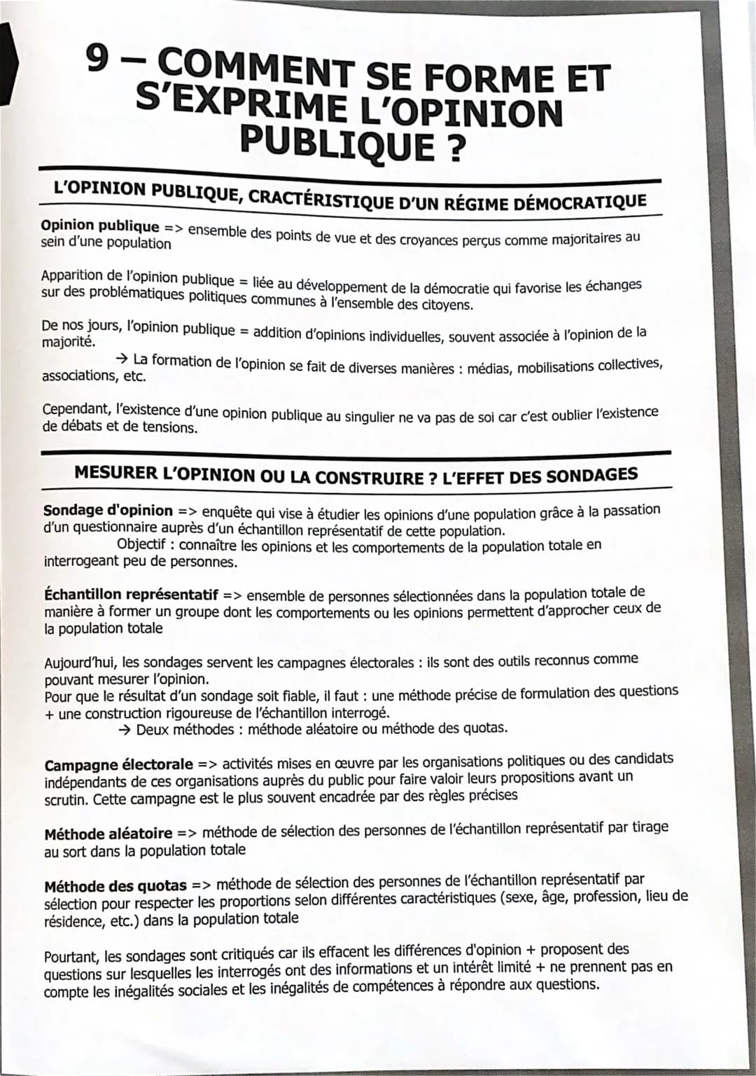 # 9 – COMMENT SE FORME ET
S'EXPRIME L'OPINION
PUBLIQUE ?

L'OPINION PUBLIQUE, CRACTÉRISTIQUE D'UN RÉGIME DÉMOCRATIQUE

Opinion publique => e