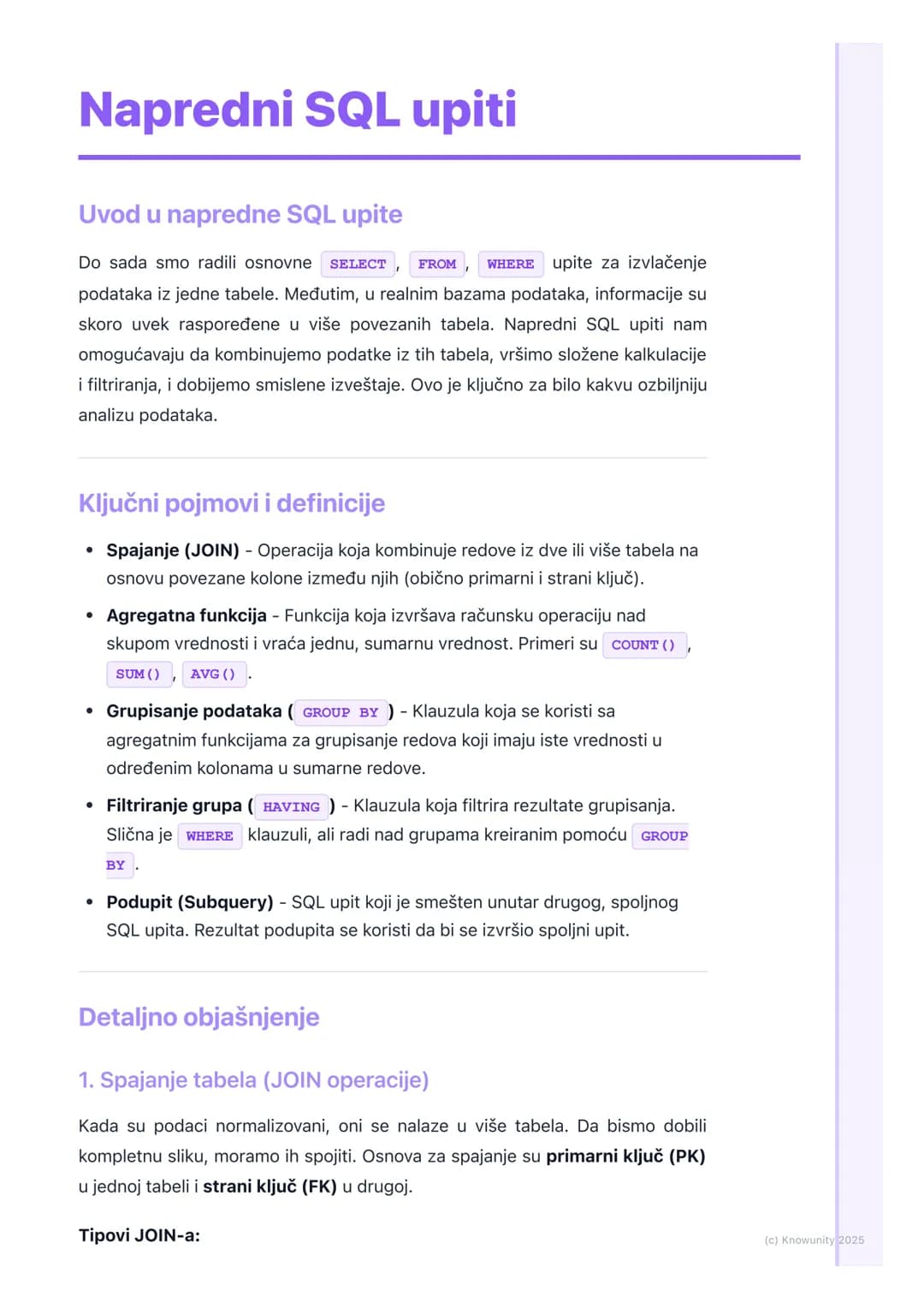 # Napredni SQL upiti

Uvod u napredne SQL upite

Do sada smo radili osnovne `SELECT`, `FROM`, `WHERE` upite za izvlačenje
podataka iz jedne 