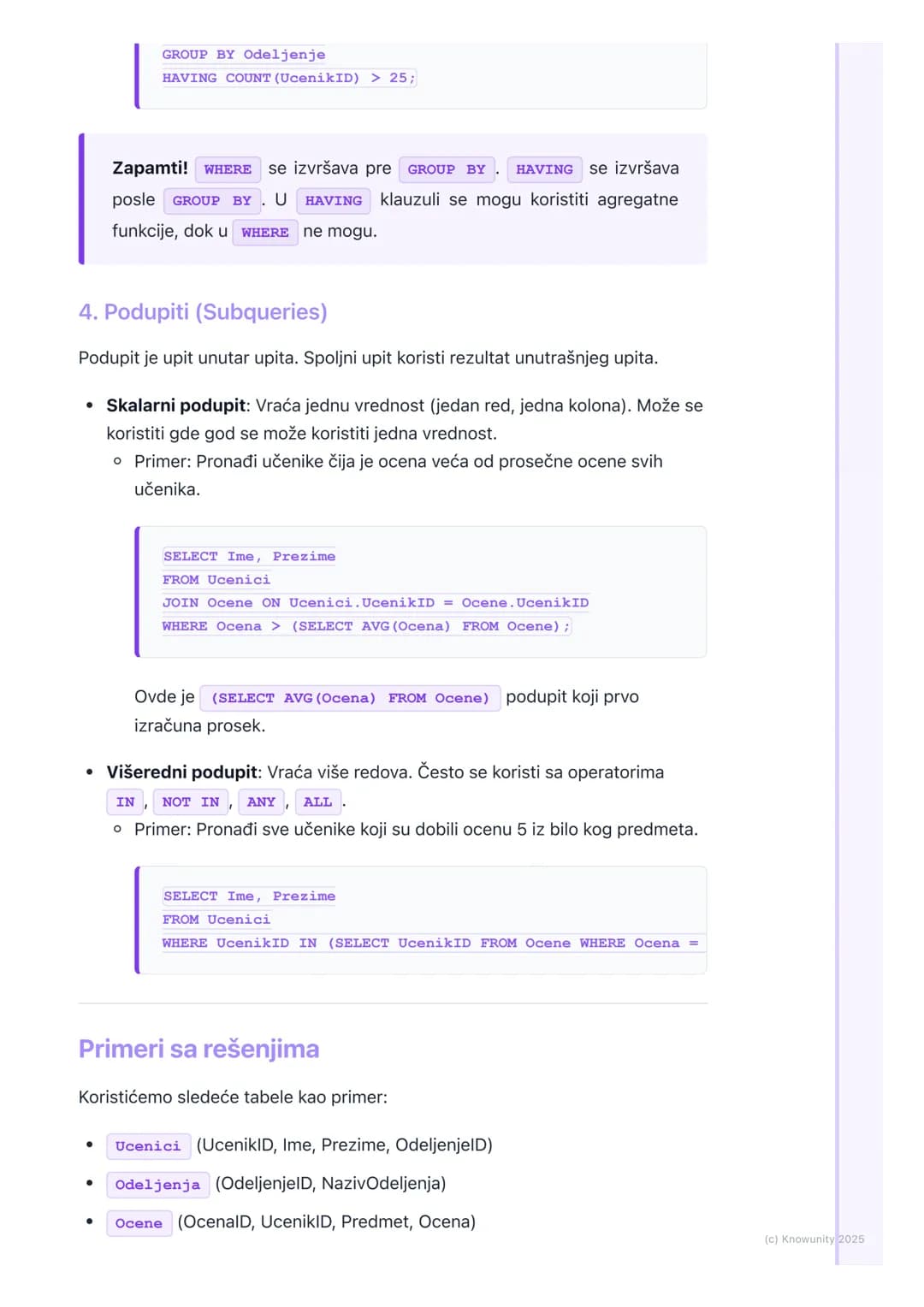 # Napredni SQL upiti

Uvod u napredne SQL upite

Do sada smo radili osnovne `SELECT`, `FROM`, `WHERE` upite za izvlačenje
podataka iz jedne 