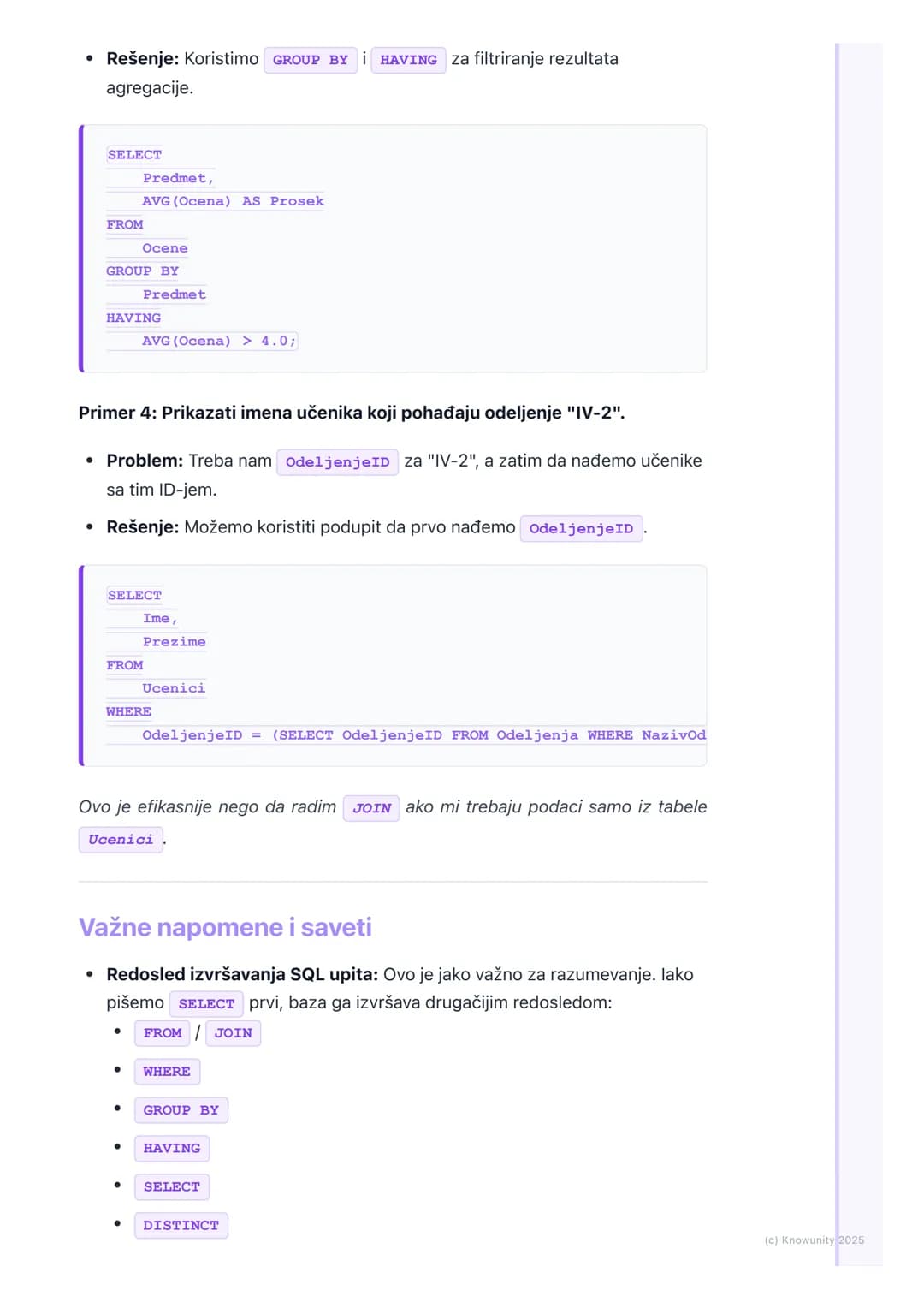 # Napredni SQL upiti

Uvod u napredne SQL upite

Do sada smo radili osnovne `SELECT`, `FROM`, `WHERE` upite za izvlačenje
podataka iz jedne 