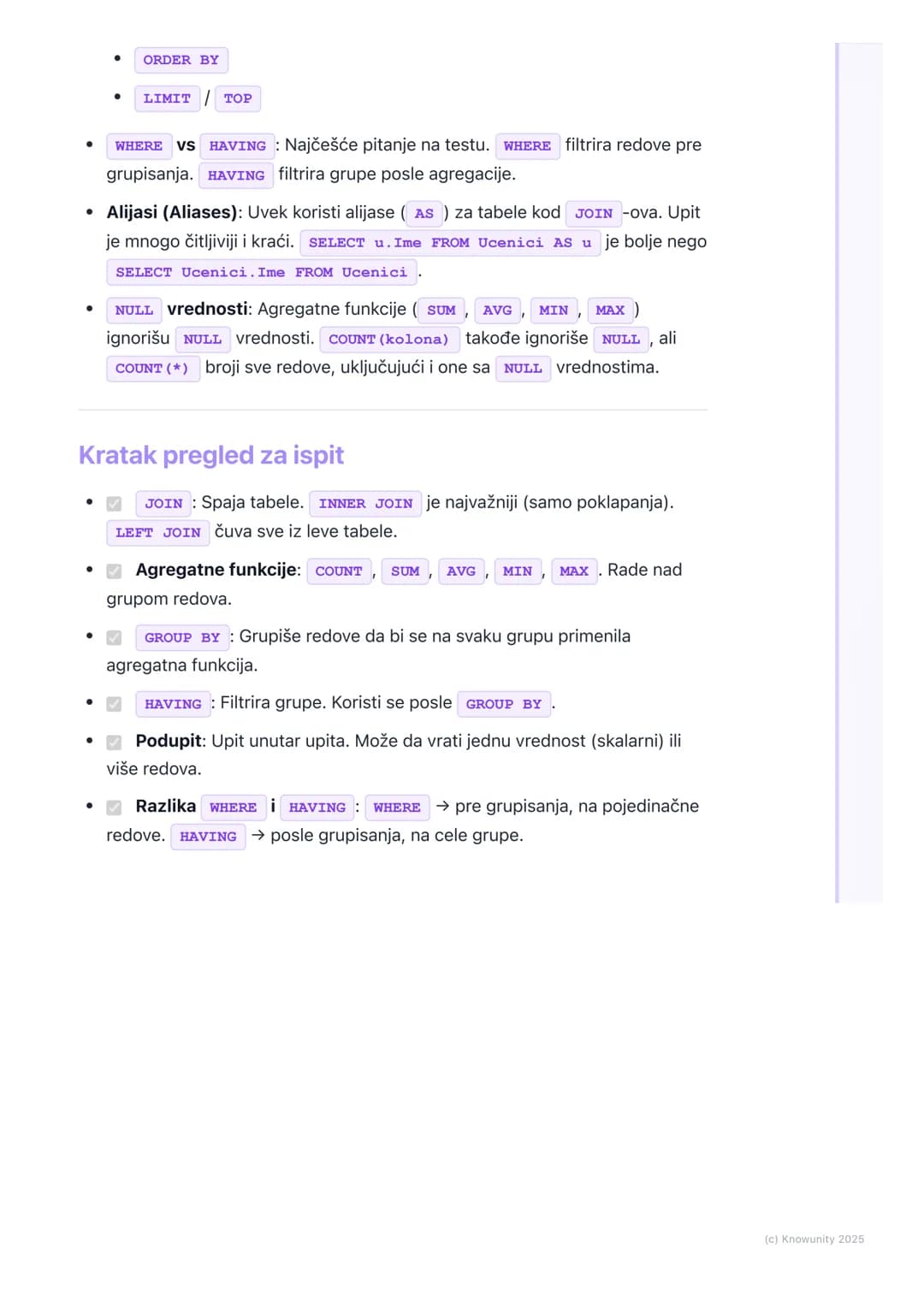 # Napredni SQL upiti

Uvod u napredne SQL upite

Do sada smo radili osnovne `SELECT`, `FROM`, `WHERE` upite za izvlačenje
podataka iz jedne 