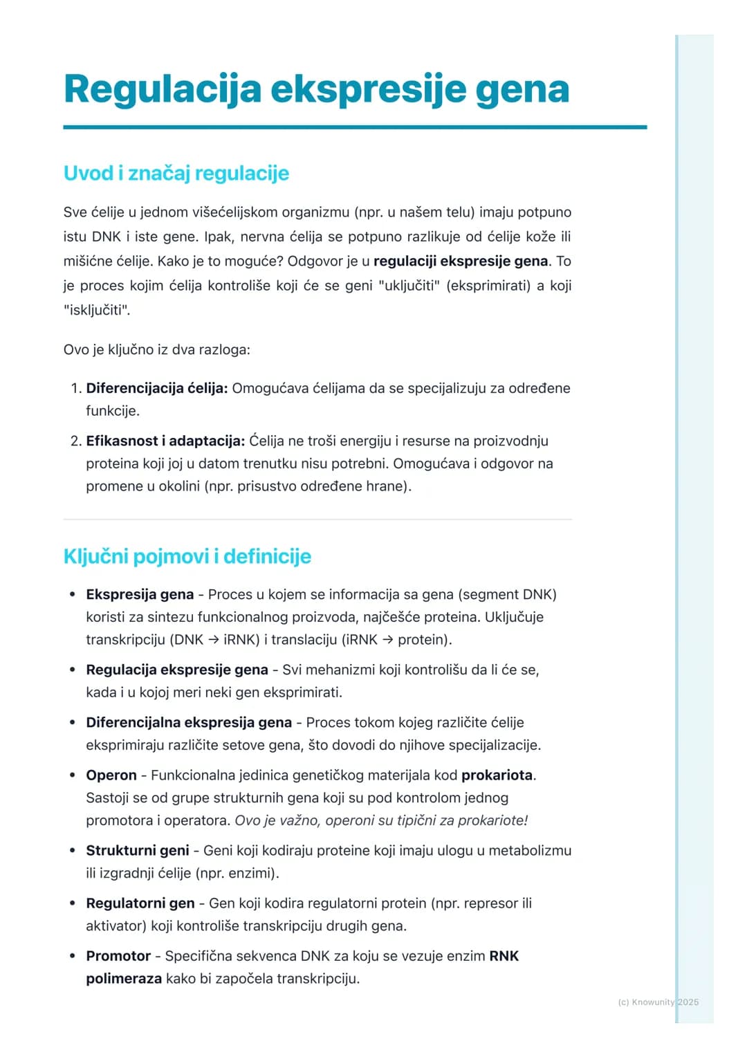 # Regulacija ekspresije gena

Uvod i značaj regulacije

Sve ćelije u jednom višećelijskom organizmu (npr. u našem telu) imaju potpuno
istu D