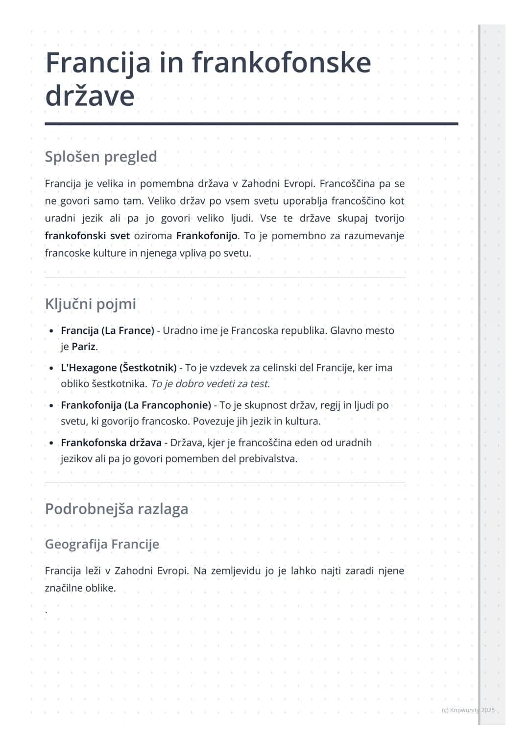 # Francija in frankofonske
države

Splošen pregled

Francija je velika in pomembna država v Zahodni Evropi. Francoščina pa se
ne govori samo