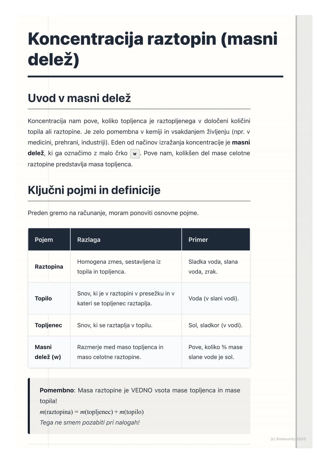 # Koncentracija raztopin (masni
delež)

Uvod v masni delež

Koncentracija nam pove, koliko topljenca je raztopljenega v določeni količini
to