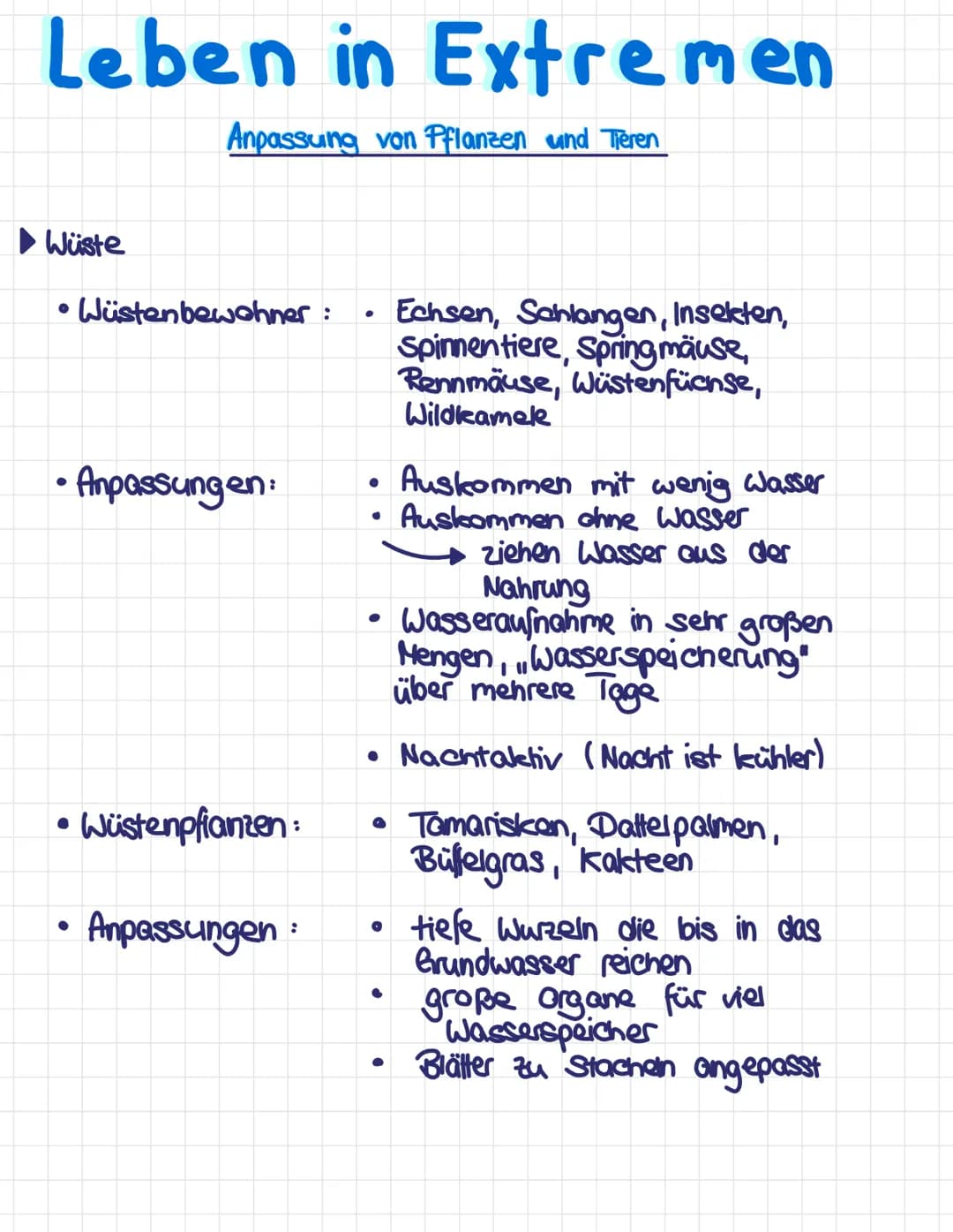 # Leben in Extremen

Anpassung von Pflanzen und Tieren

*   Wüste

*   Wüstenbewohner:
    *   Echsen, Schlangen, Insekten,
    Spinnentiere