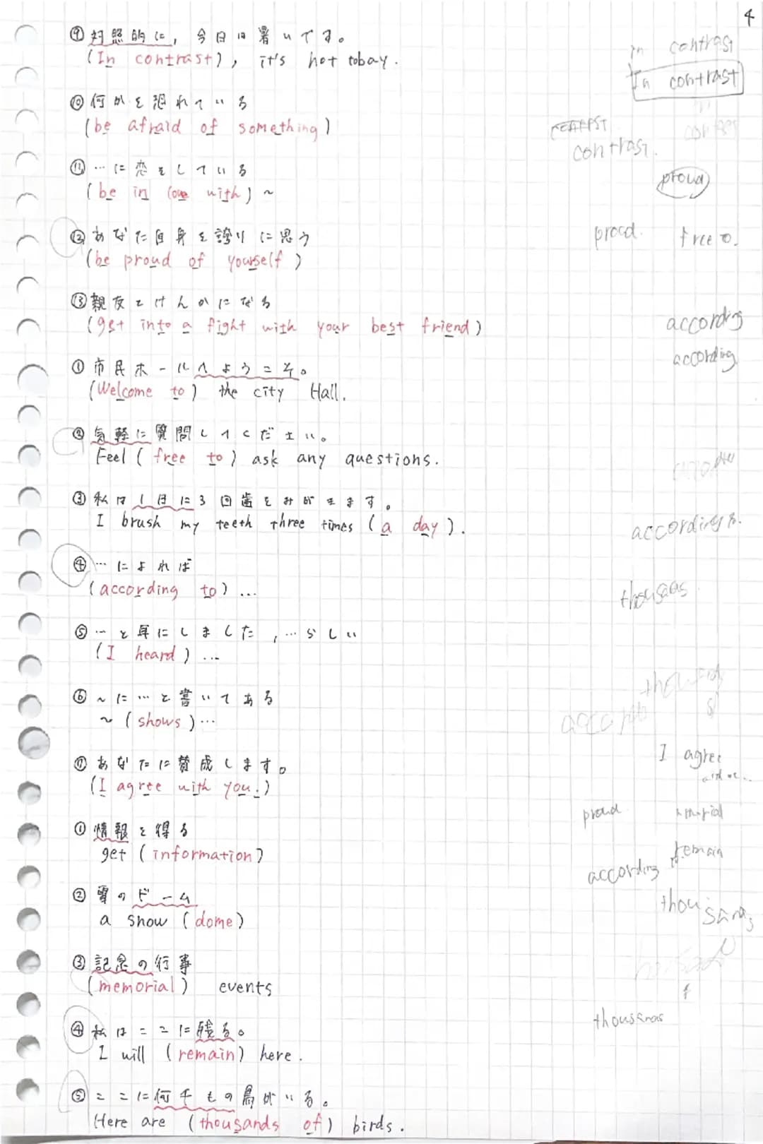 ④対照的に,今日日暑いです。
(In contrast), it's hot tobay.
◎何かを恐れている
(be afraid of something)
①･･･に恋をしている
(be in love with)~
②あなた自身を誇りに思う
(be proud of yo
