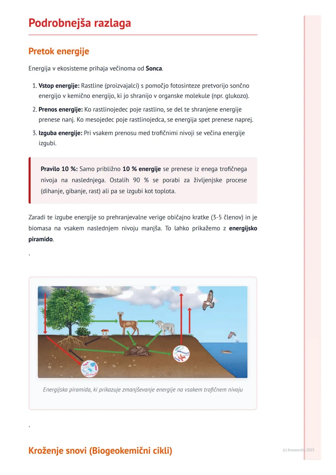 # Kroženje snovi in pretok energije

## Uvod v kroženje snovi in pretok energije

Vsak ekosistem, pa naj bo to gozd, jezero ali travnik, za 