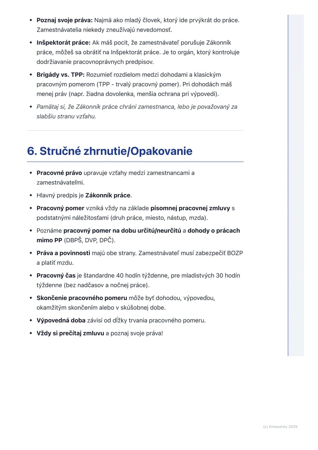 # Pracovné právo

## 1. Prehľad pracovného práva

Pracovné právo je odvetvie práva, ktoré upravuje vzťahy medzi zamestnancami
a zamestnávate