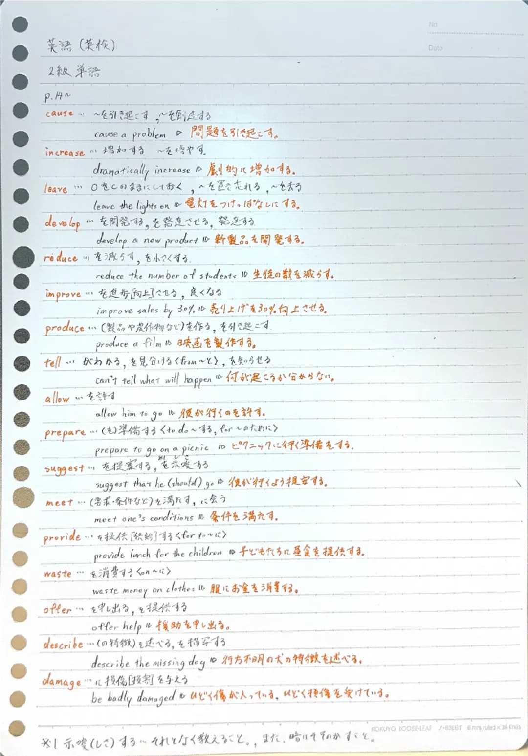 # 英語(英検)

# 2級単語

P.14

cause ~を引き起こす~を創念する
cause a problem問題を引き起こす。

increase・増加する~を増やす。
dramatically increase劇的に増加する。

leave!・・・ ○きくのままにして