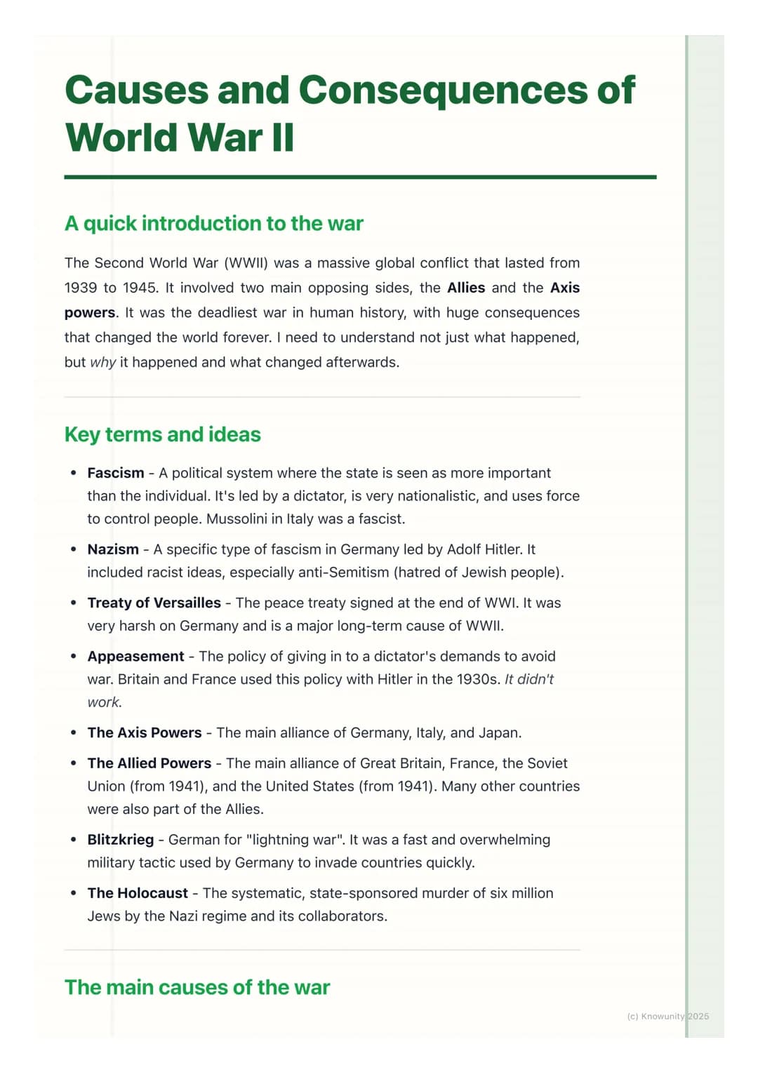 # Causes and Consequences of
# World War II

## A quick introduction to the war

The Second World War (WWII) was a massive global conflict t