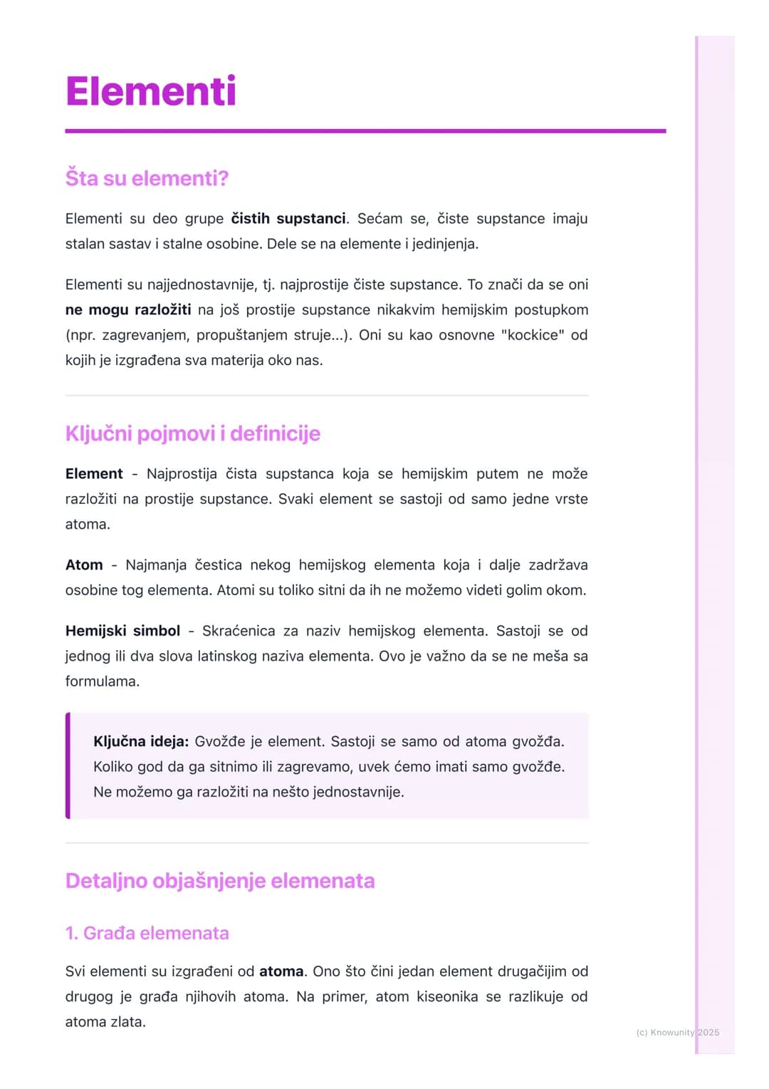 # Elementi

Šta su elementi?

Elementi su deo grupe čistih supstanci. Sećam se, čiste supstance imaju
stalan sastav i stalne osobine. Dele s