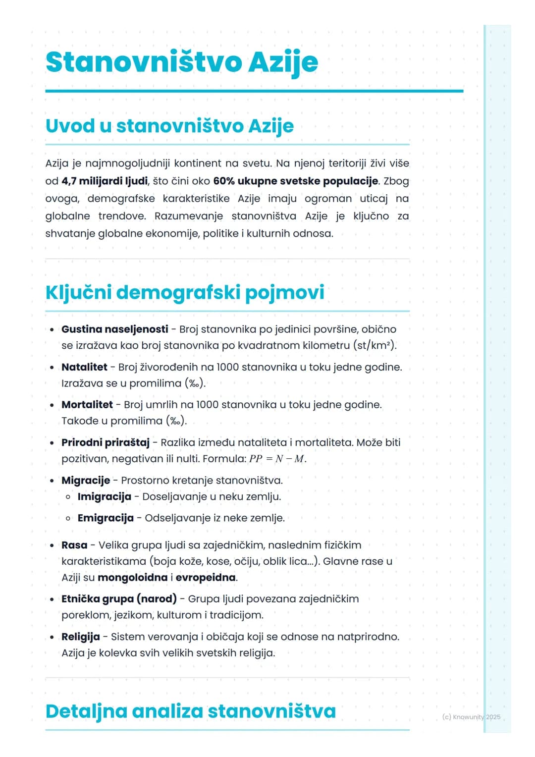 # Stanovništvo Azije

## Uvod u stanovništvo Azije

Azija je najmnogoljudniji kontinent na svetu. Na njenoj teritoriji živi više
od 4,7 mili