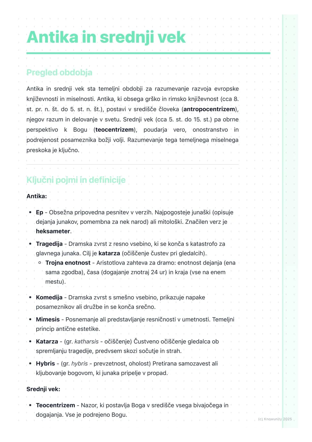 # Antika in srednji vek

Pregled obdobja

Antika in srednji vek sta temeljni obdobji za razumevanje razvoja evropske
književnosti in miselno