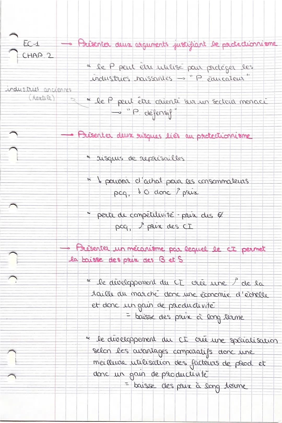 - EC1
- CHAP 2

- → Prisenter deux arguments justifiant le protectionnisme

industries anciennes
(Aextile)

- α le P peut être utilise par p