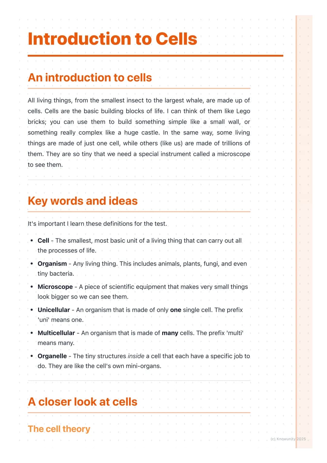 # Introduction to Cells

## An introduction to cells

All living things, from the smallest insect to the largest whale, are made up of
cells