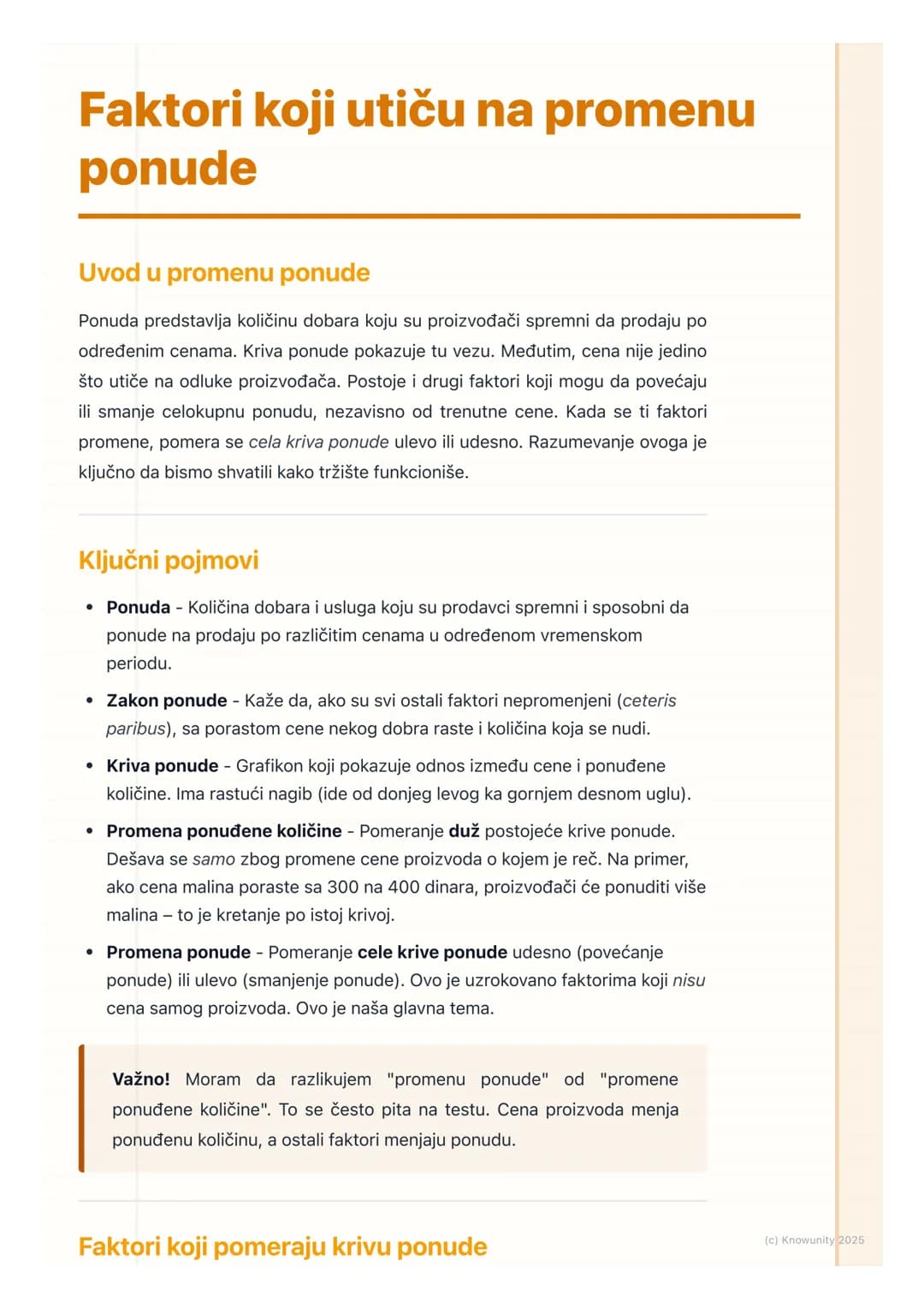 # Faktori koji utiču na promenu
ponude

Uvod u promenu ponude

Ponuda predstavlja količinu dobara koju su proizvođači spremni da prodaju po
