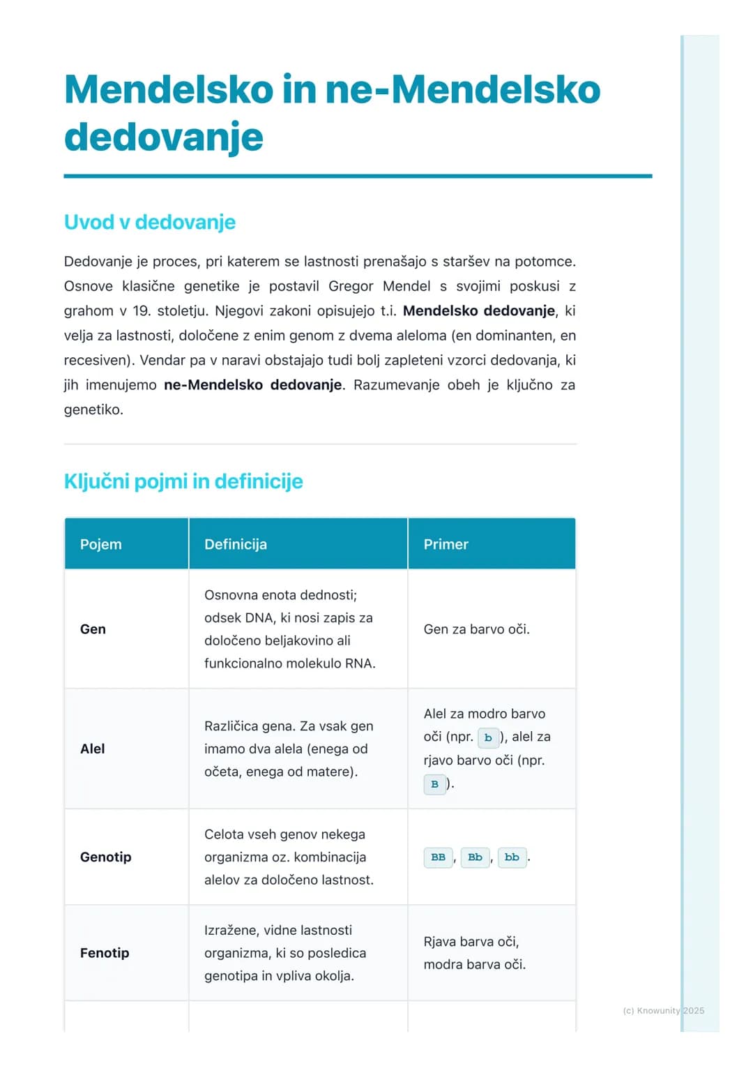 # Mendelsko in ne-Mendelsko
dedovanje

Uvod v dedovanje

Dedovanje je proces, pri katerem se lastnosti prenašajo s staršev na potomce.
Osnov