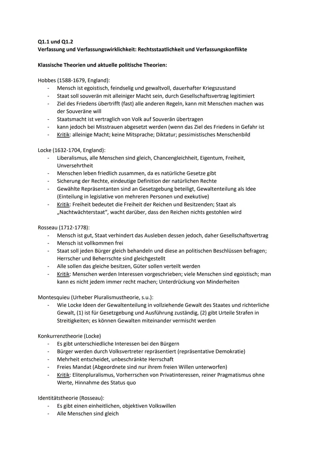 
<h2>Rechtsstaatlichkeit und Verfassungskonflikte</h2>
<p>Klassische Theorien und aktuelle politische Theorien:</p>
<p>Hobbes (1588-1679, En