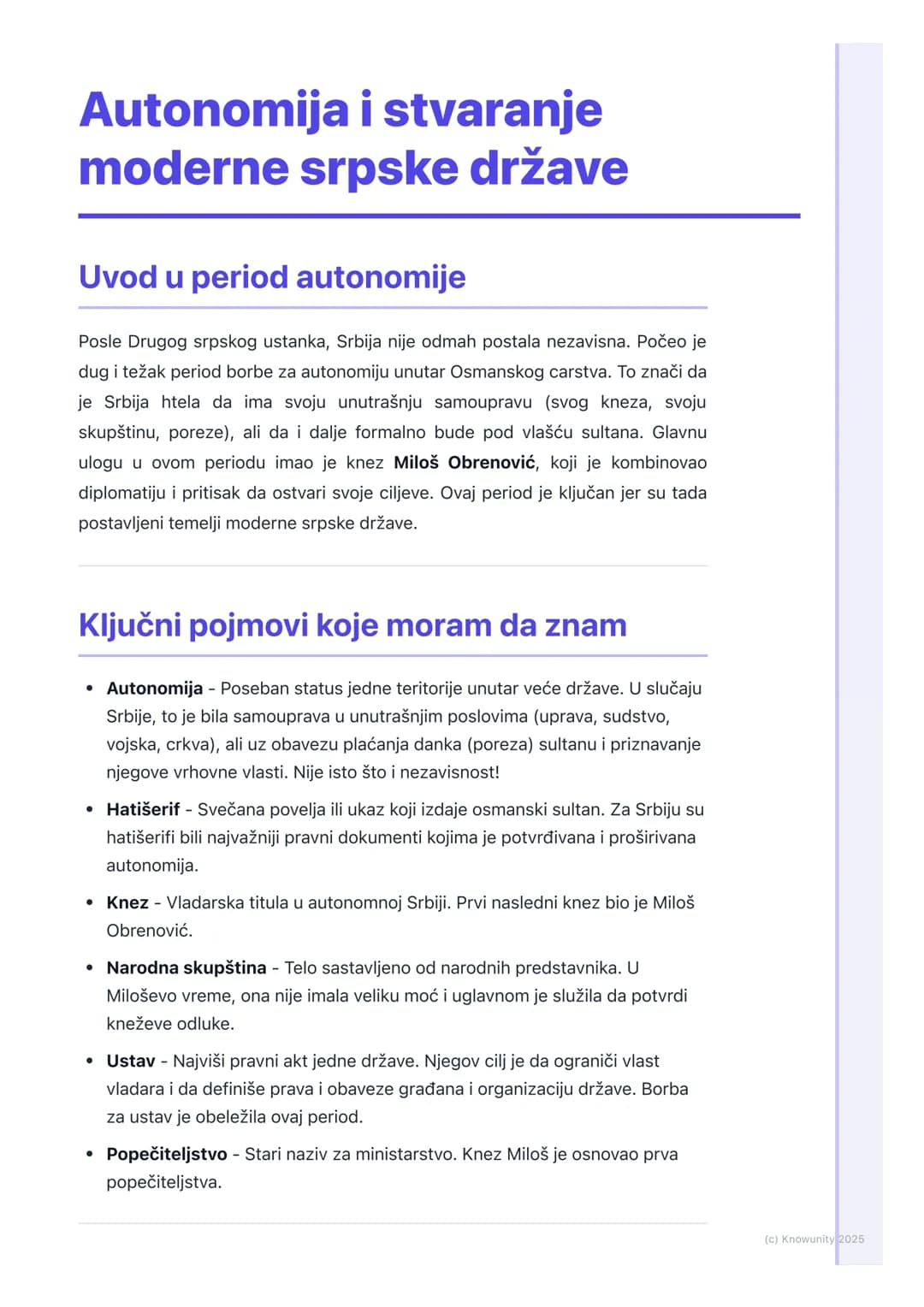 # Autonomija i stvaranje
moderne srpske države

## Uvod u period autonomije

Posle Drugog srpskog ustanka, Srbija nije odmah postala nezavis