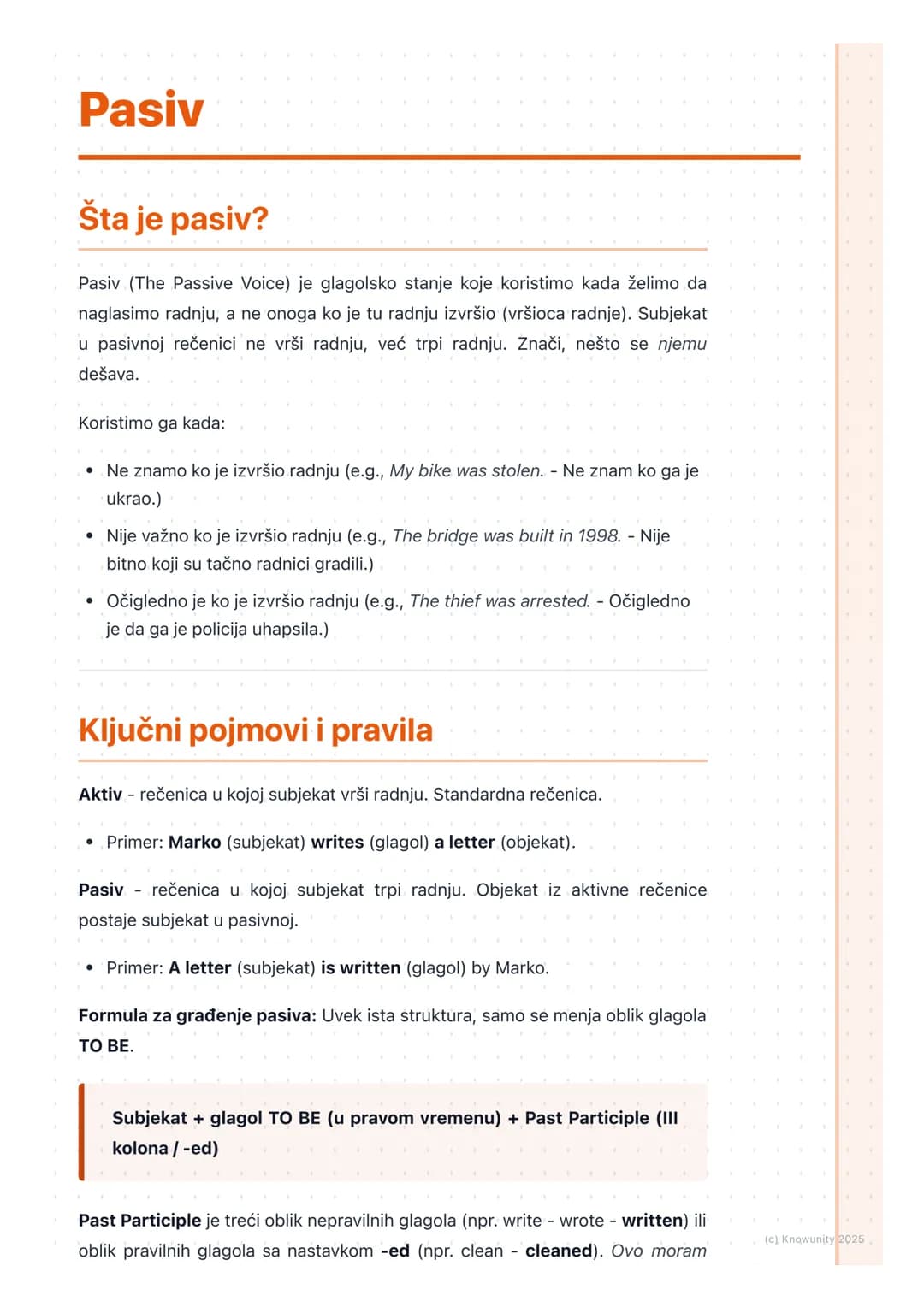 # Pasiv

## Šta je pasiv?

Pasiv (The Passive Voice) je glagolsko stanje koje koristimo kada želimo da
naglasimo radnju, a ne onoga ko je tu