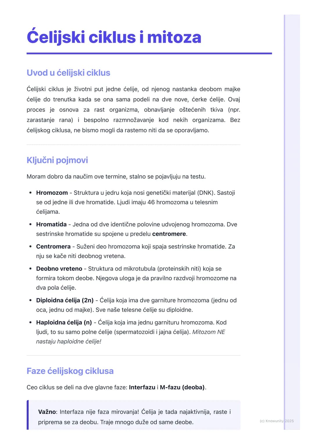 # Ćelijski ciklus i mitoza

Uvod u ćelijski ciklus

Ćelijski ciklus je životni put jedne ćelije, od njenog nastanka deobom majke
ćelije do t