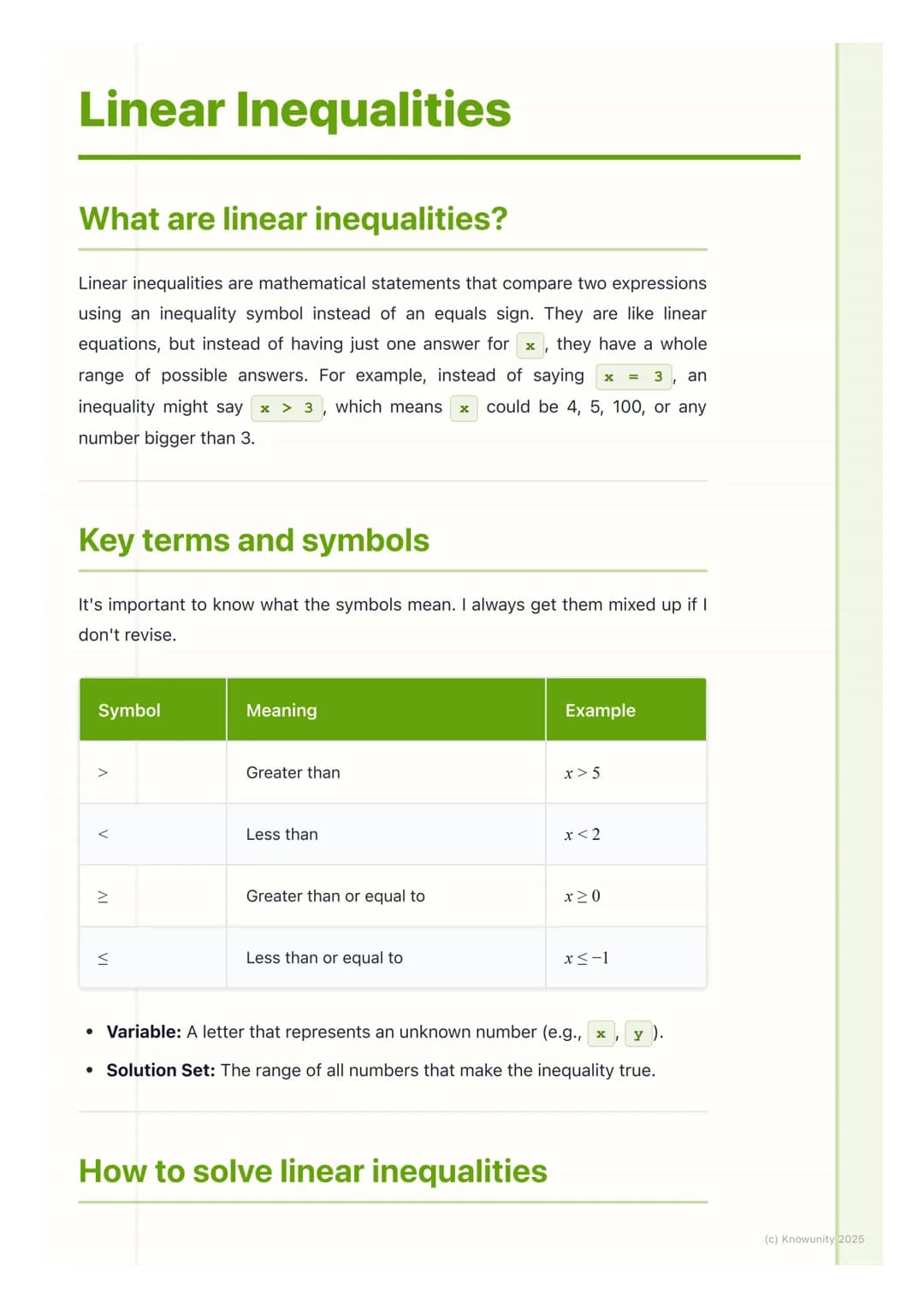 # Linear Inequalities

## What are linear inequalities?

Linear inequalities are mathematical statements that compare two expressions
using 
