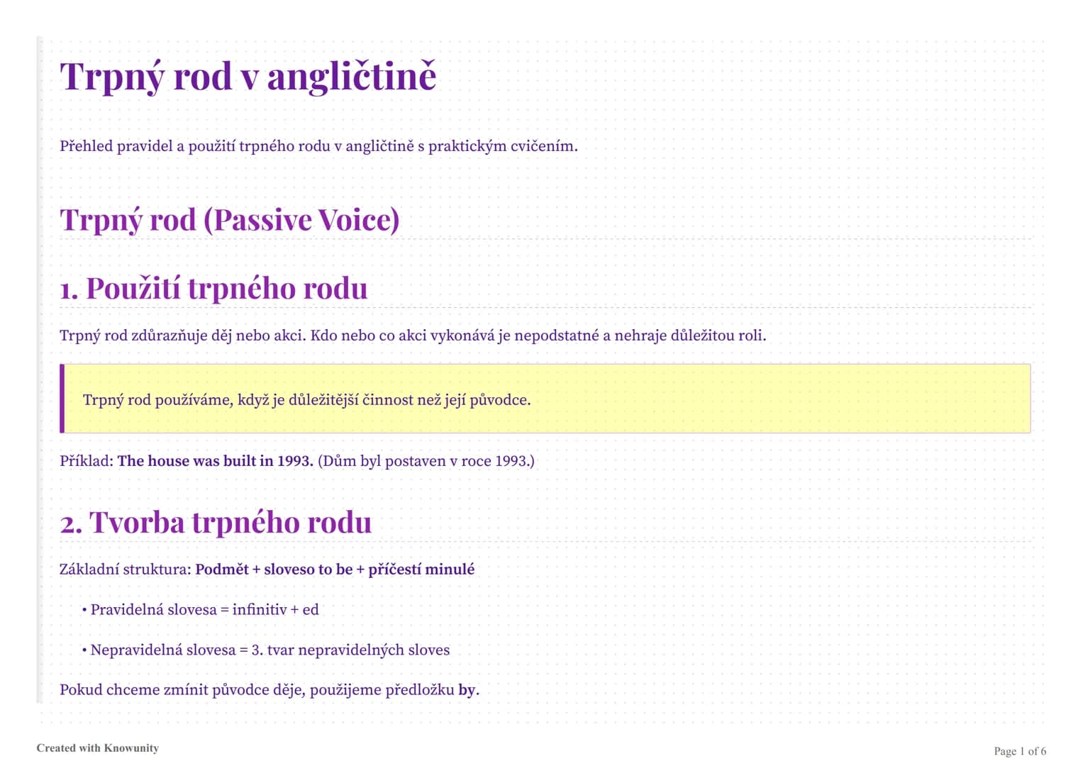 # Trpný rod v angličtině

Přehled pravidel a použití trpného rodu v angličtině s praktickým cvičením.

# Trpný rod (Passive Voice)

## 1. Po