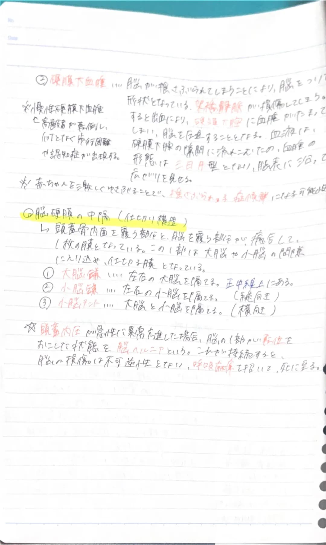 No
Date

中枢神経系CCNS)

中枢神経系

脳………①大腦(大脳皮質、大脳辺裤系、大脳基底核)
②間(視床、親床下部、視(未全部)
①購館(中脳、橋,延髓)
④小腦(小腦半球、虫顿,片集小節菜)

・青題①頸髄
②胸随
①仙情色
当面膜と脳青帝直液循環,
⑤尾糖

・