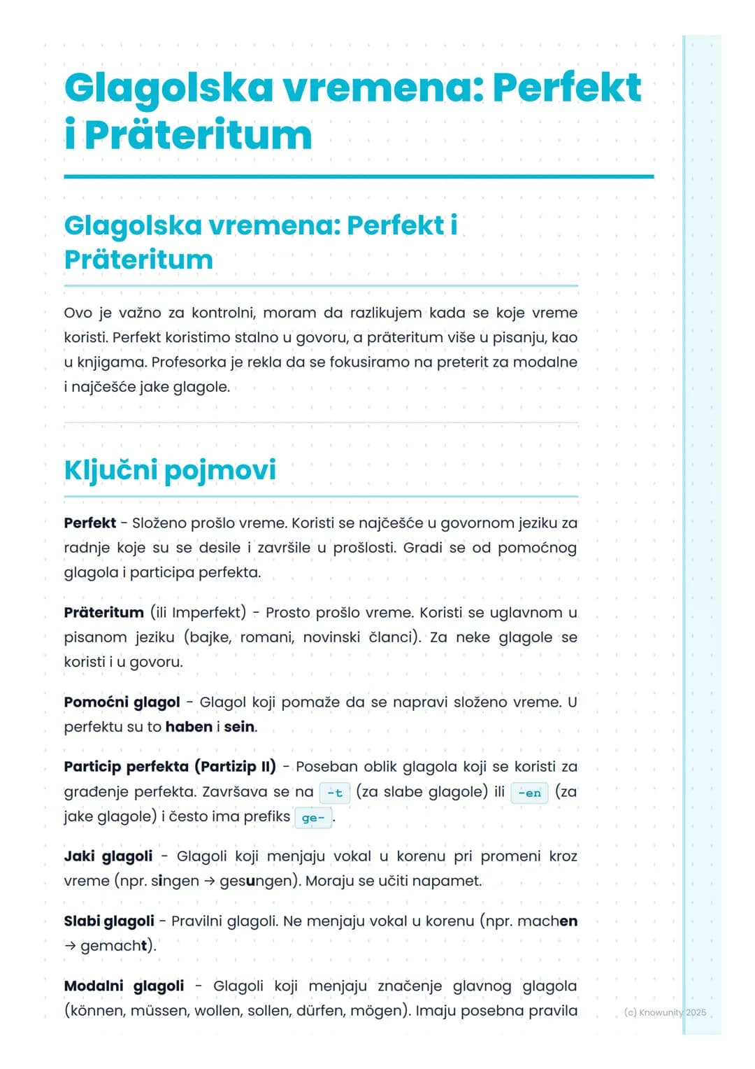 # Glagolska vremena: Perfekt
i Präteritum

Glagolska vremena: Perfekt i
Präteritum

Ovo je važno za kontrolni, moram da razlikujem kada se k