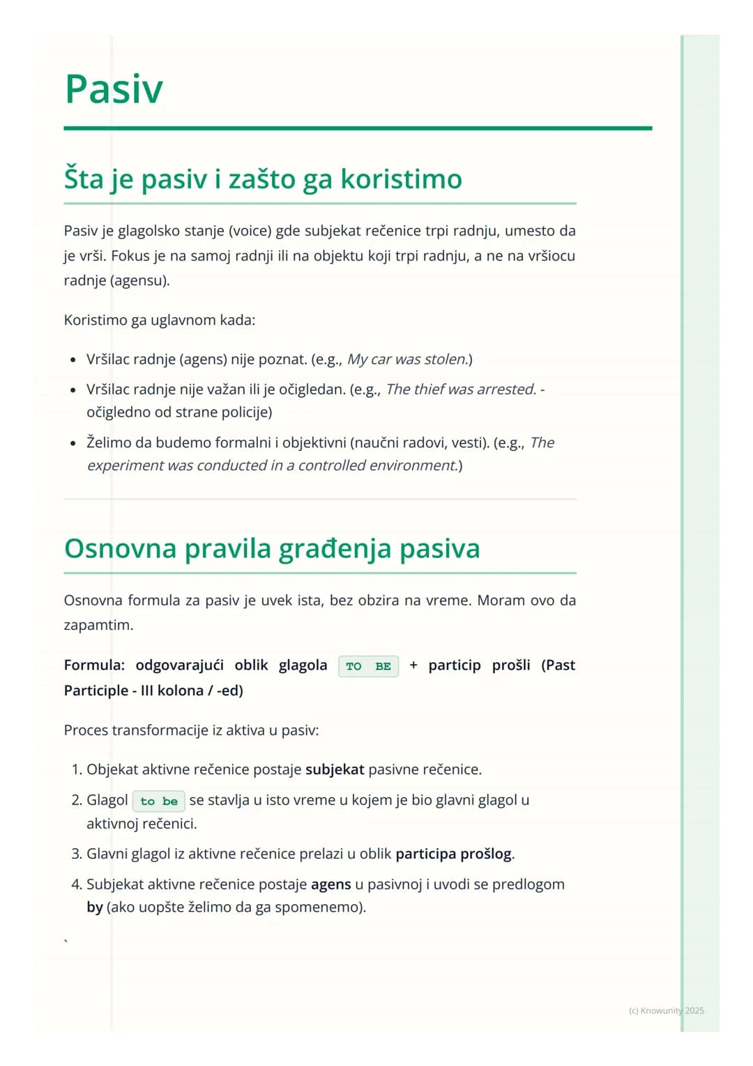 # Pasiv

Šta je pasiv i zašto ga koristimo

Pasiv je glagolsko stanje (voice) gde subjekat rečenice trpi radnju, umesto da
je vrši. Fokus je