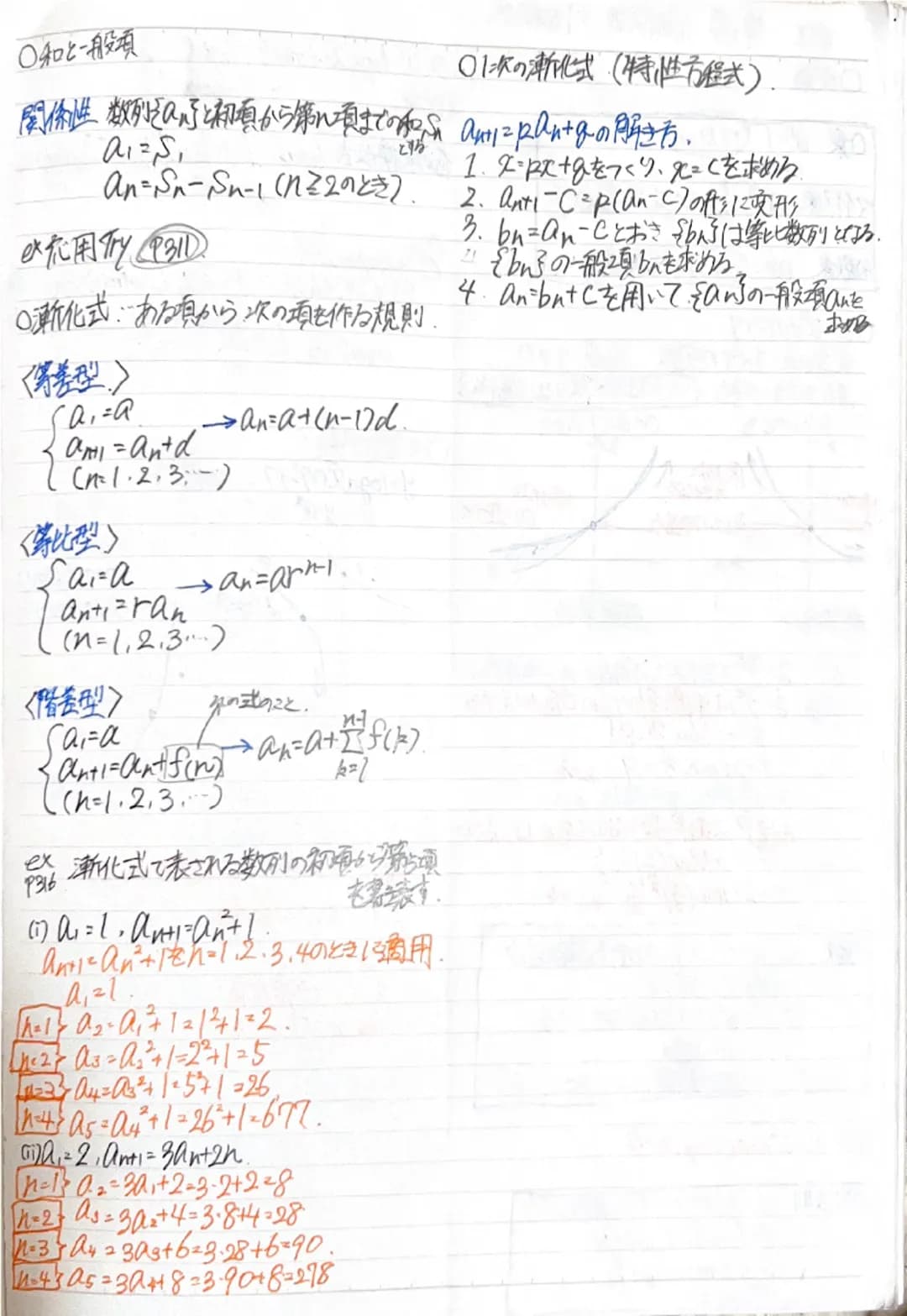 ○等差数列

傾
一般項 a+(n-1)d.

※2.9.16.29,30………の一般項
B079 An=2+(n-1).7
-7n-5

和等差数列{an}の初項から・れ項までの和.
na,tan)
2

ex 14213+-+100の知.
P282 (1+100)×100 1