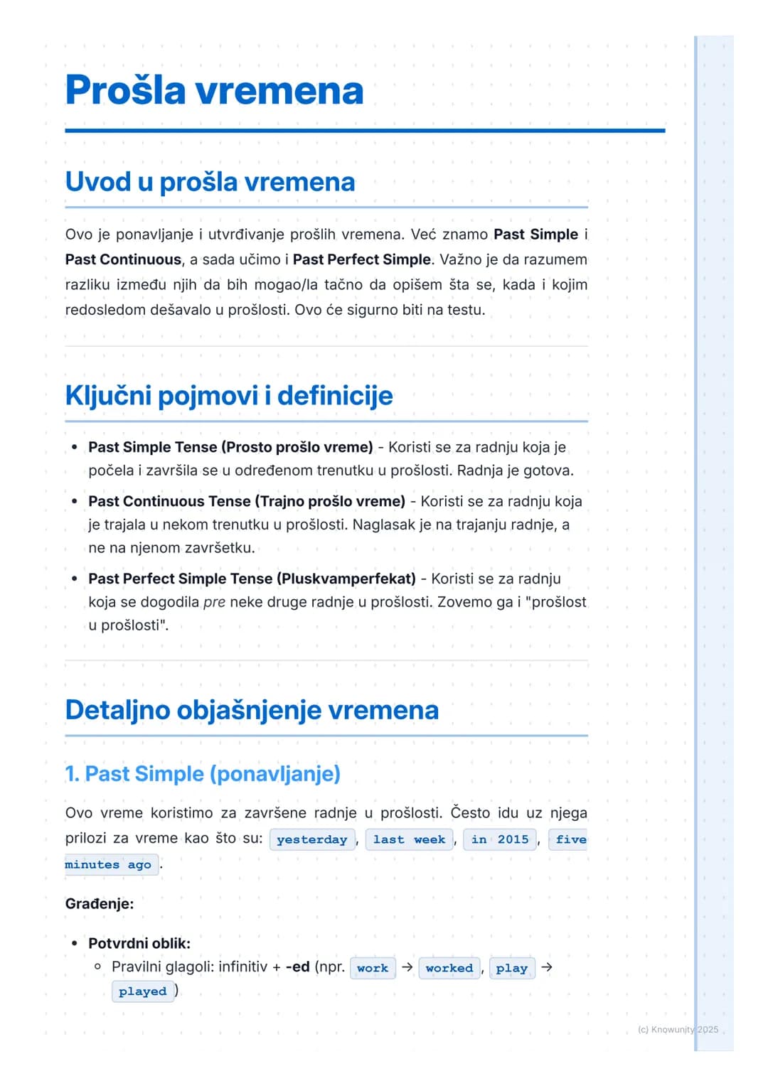 # Prošla vremena

## Uvod u prošla vremena

Ovo je ponavljanje i utvrđivanje prošlih vremena. Već znamo Past Simple i
Past Continuous, a sad