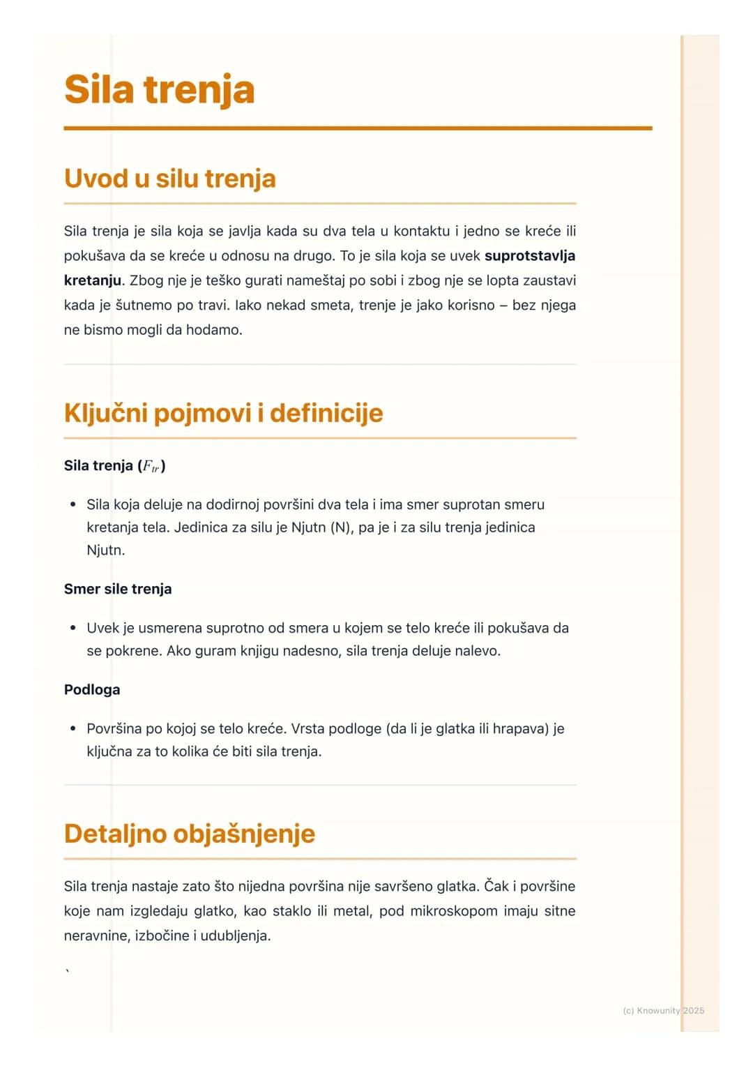 # Sila trenja

Uvod u silu trenja

Sila trenja je sila koja se javlja kada su dva tela u kontaktu i jedno se kreće ili
pokušava da se kreće 