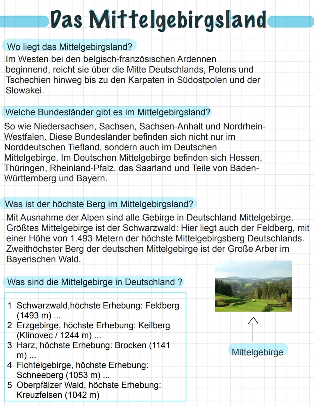 # Das Mittelgebirgsland

Wo liegt das Mittelgebirgsland?

Im Westen bei den belgisch-französischen Ardennen
beginnend, reicht sie über die M