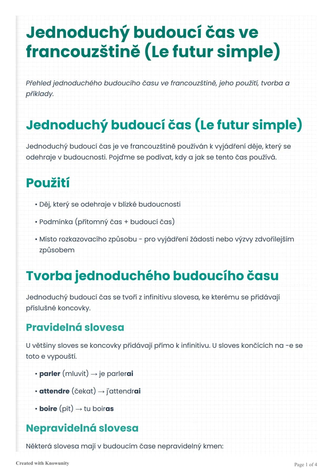 # Jednoduchý budoucí čas ve
francouzštině (Le futur simple)

Přehled jednoduchého budoucího času ve francouzštině, jeho použití, tvorba a
př