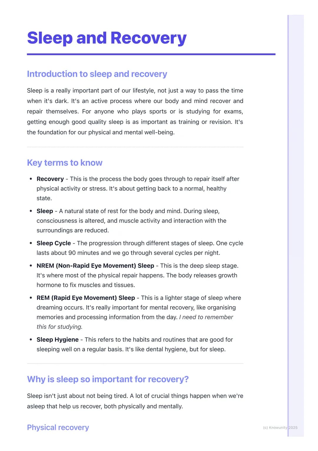 # Sleep and Recovery

## Introduction to sleep and recovery

Sleep is a really important part of our lifestyle, not just a way to pass the t