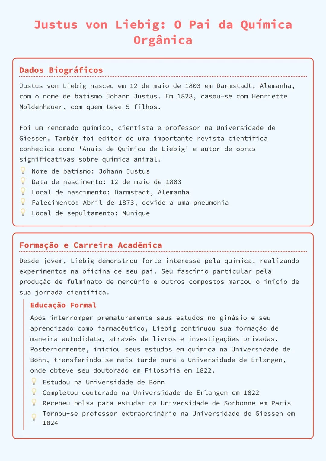 # Justus von Liebig: 0 Pai da Química
Orgânica

## Dados Biográficos

Justus von Liebig nasceu em 12 de maio de 1803 em Darmstadt, Alemanha,