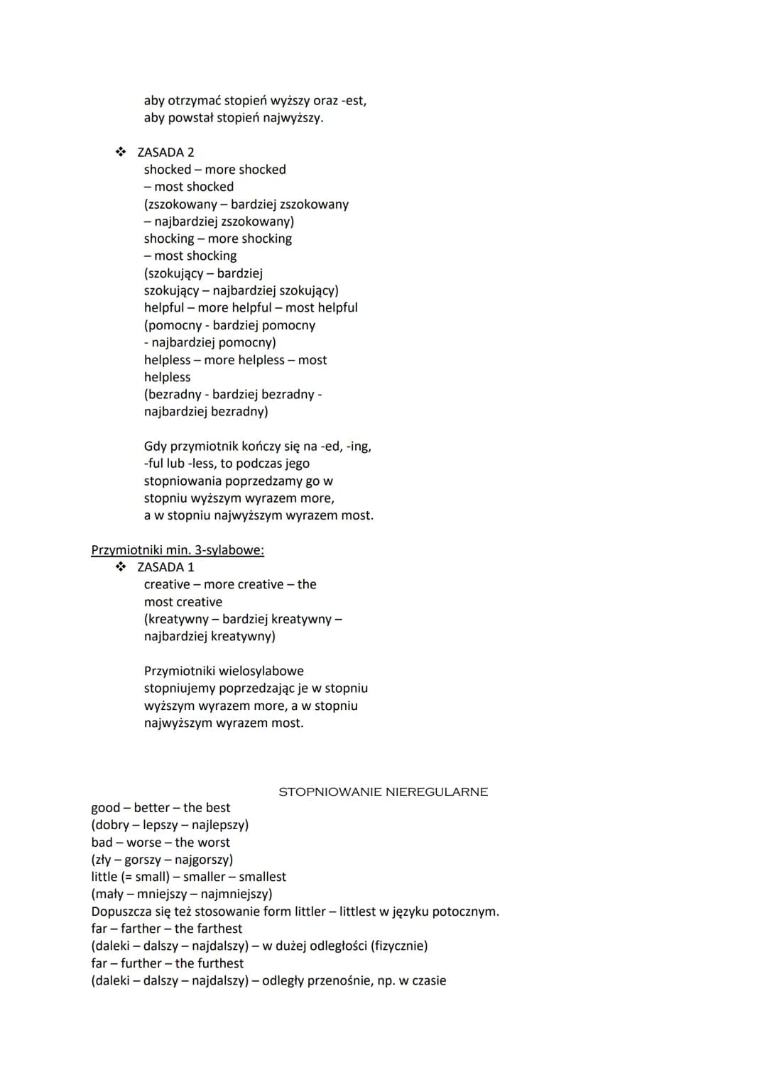 # Stopniowanie przymiotników

STOPNIOWANIE REGULARNE

Przymiotniki 1-sylabowe:

*   ZASADA 1

    fast-faster - the fastest

    (szybki - s