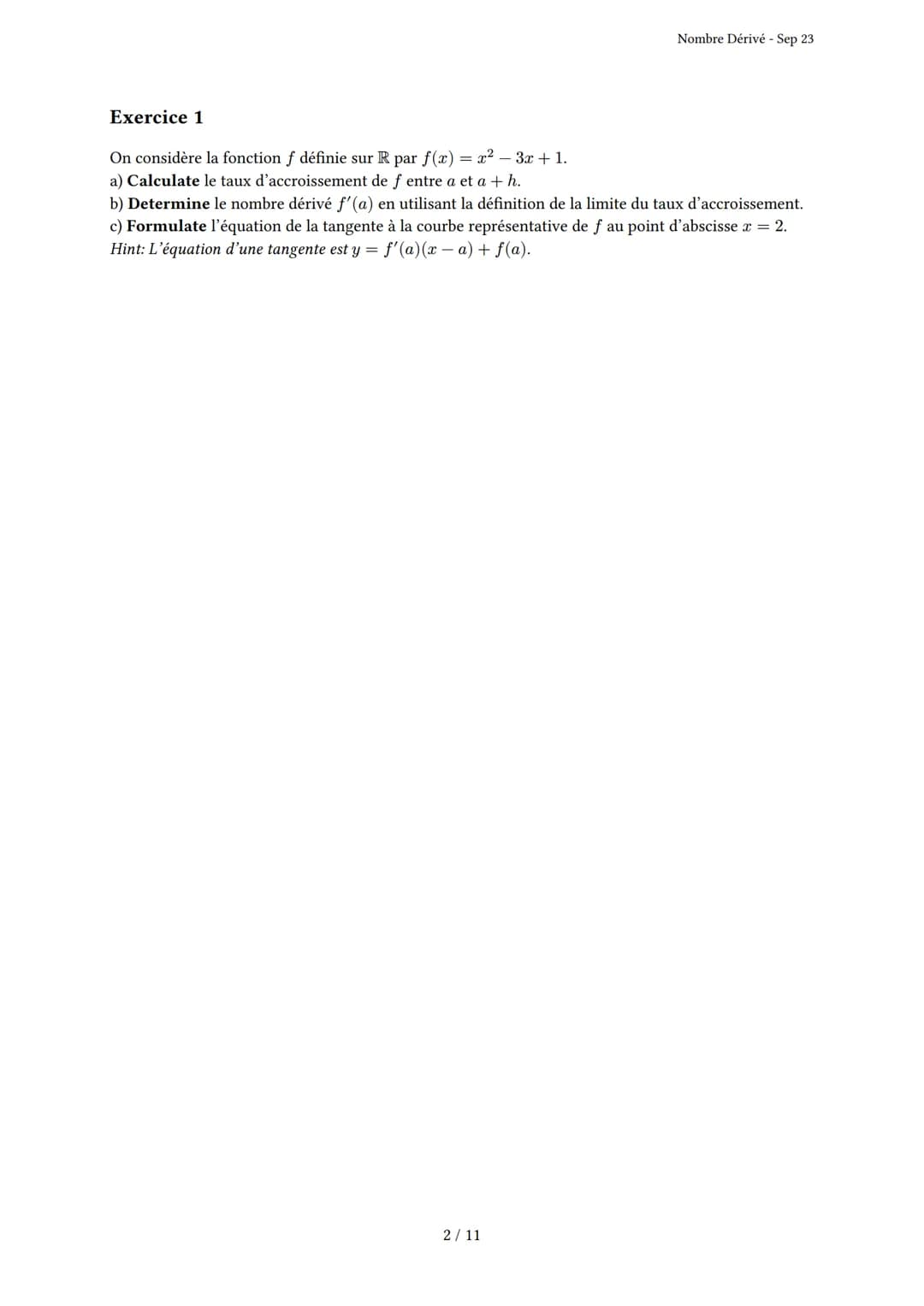# Nombre Dérivé

Généré par Knowunity.fr - Sep 23

Description: Cet examen couvre le nombre dérivé, le taux d'accroissement et la tangente à