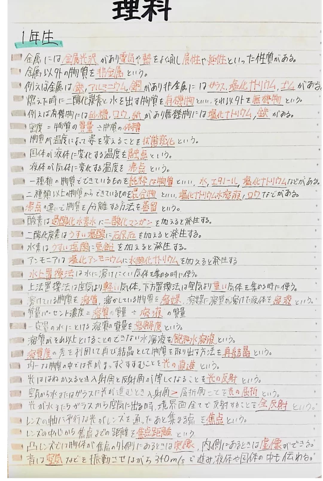 # 理科
1年生
■金属には、金属光沢があり電気や熱をよく通し展性や延性といった性質がある。
・編以外の物質を非金属という。
・例えば金属は鉄、アルミニウム、銅があり非金属にはガラス、塩化ナトリウム、ゴムがある。
「燃えた時に二酸化炭素と水を出す物質を有機物といい、それ