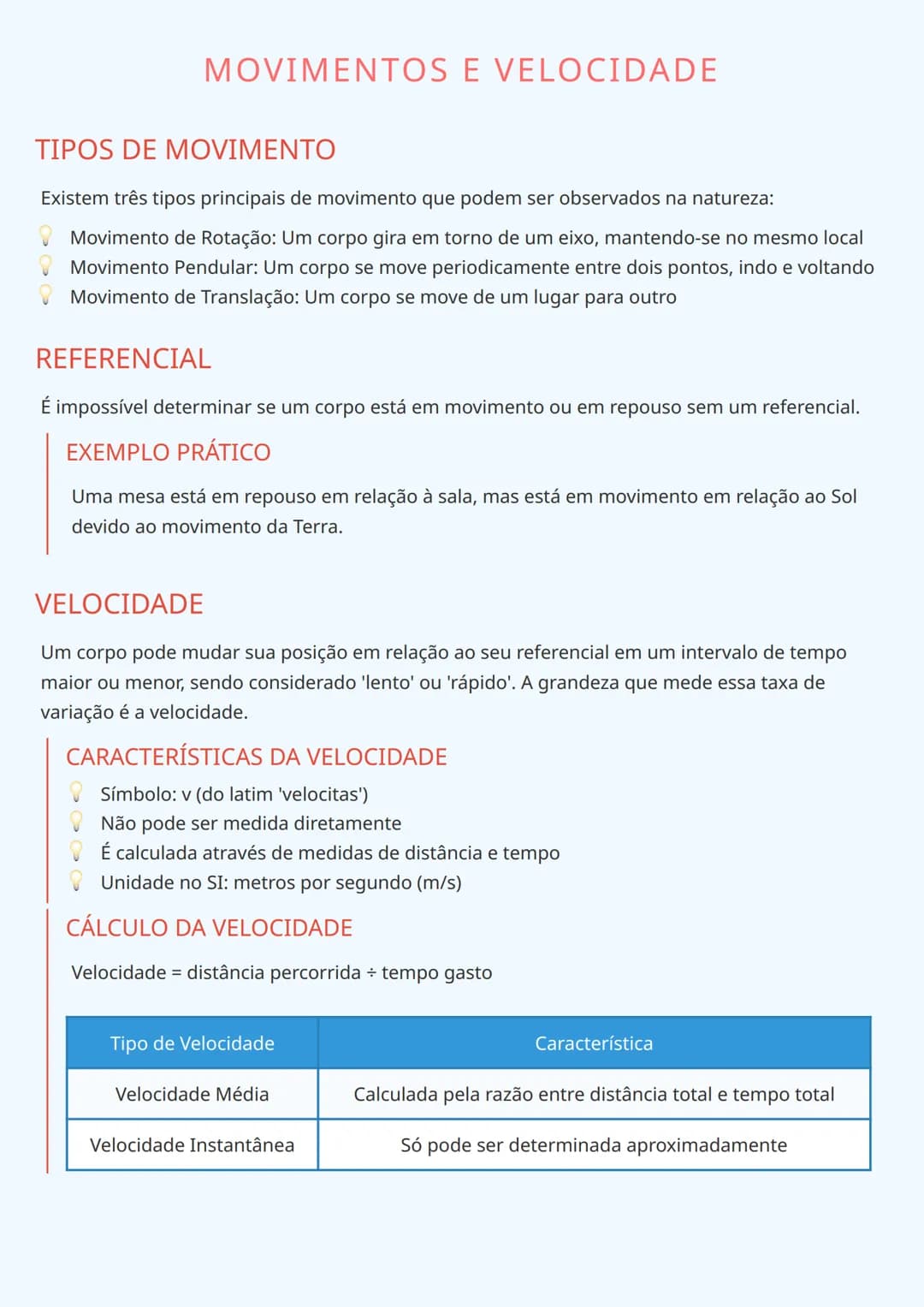 # MOVIMENTOS E VELOCIDADE
## TIPOS DE MOVIMENTO
Existem três tipos principais de movimento que podem ser observados na natureza:
✔ Movime
