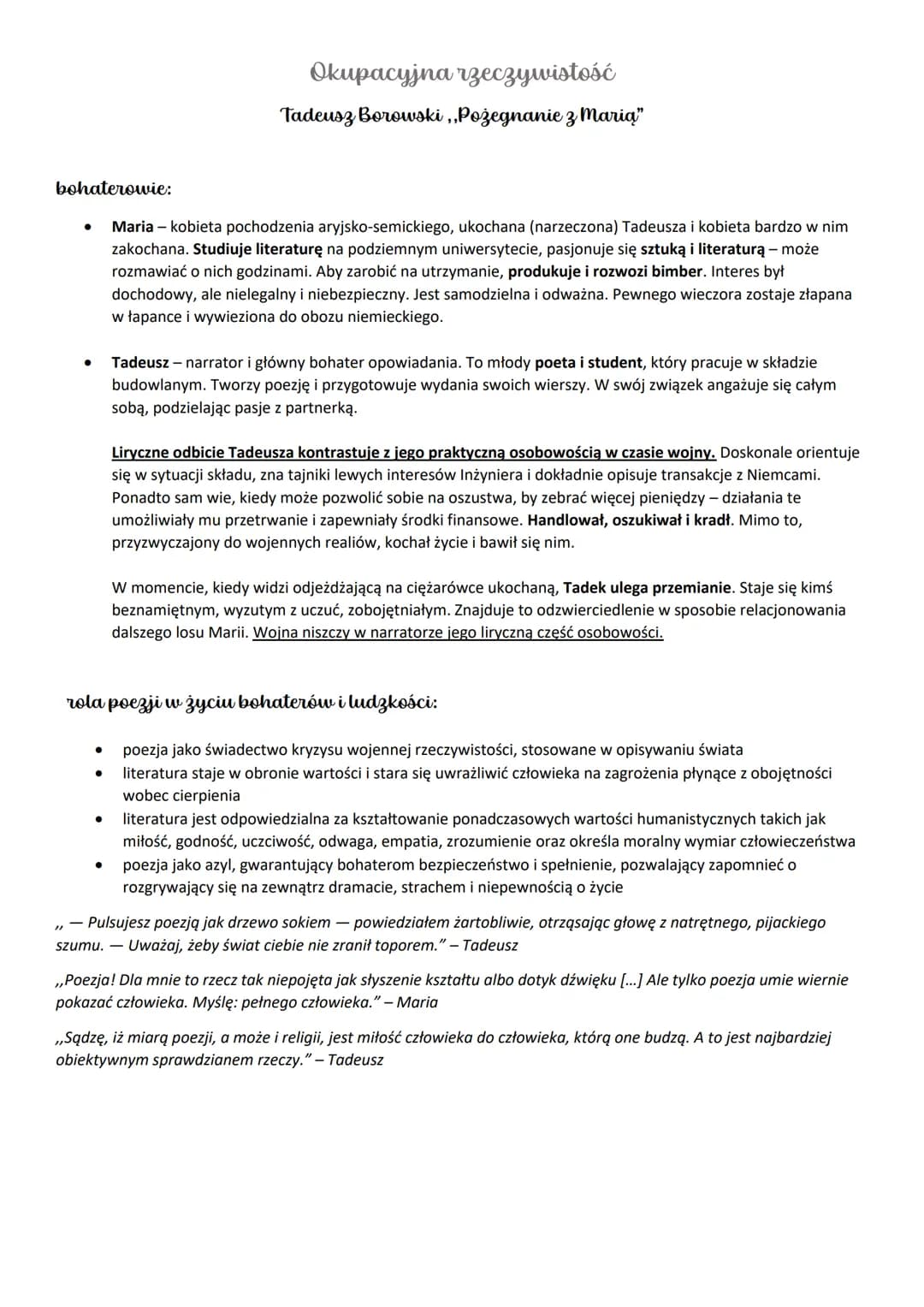 # Okupacyjna rzeczywistość
Tadeusz Borowski, „Pożegnanie z Marią"
bohaterowie:
- Maria - kobieta pochodzenia aryjsko-semickiego, ukochana