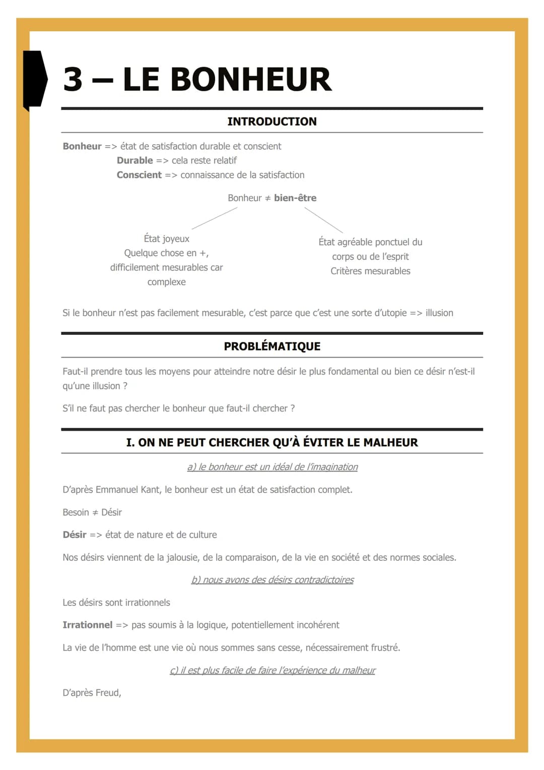 # 3- LE BONHEUR
INTRODUCTION
Bonheur => état de satisfaction durable et conscient
Durable => cela reste relatif
Conscient => connaissance