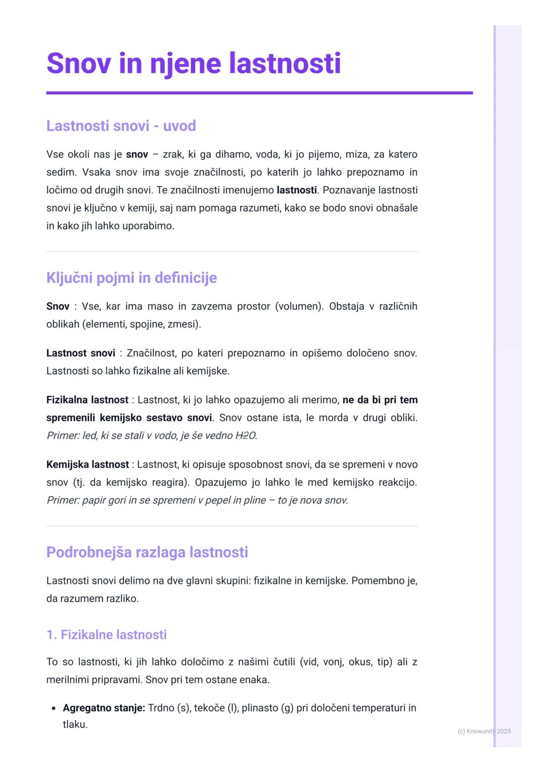 # Snov in njene lastnosti
Lastnosti snovi - uvod
Vse okoli nas je snov zrak, ki ga dihamo, voda, ki jo pijemo, miza, za katero
sedim. Vsak
