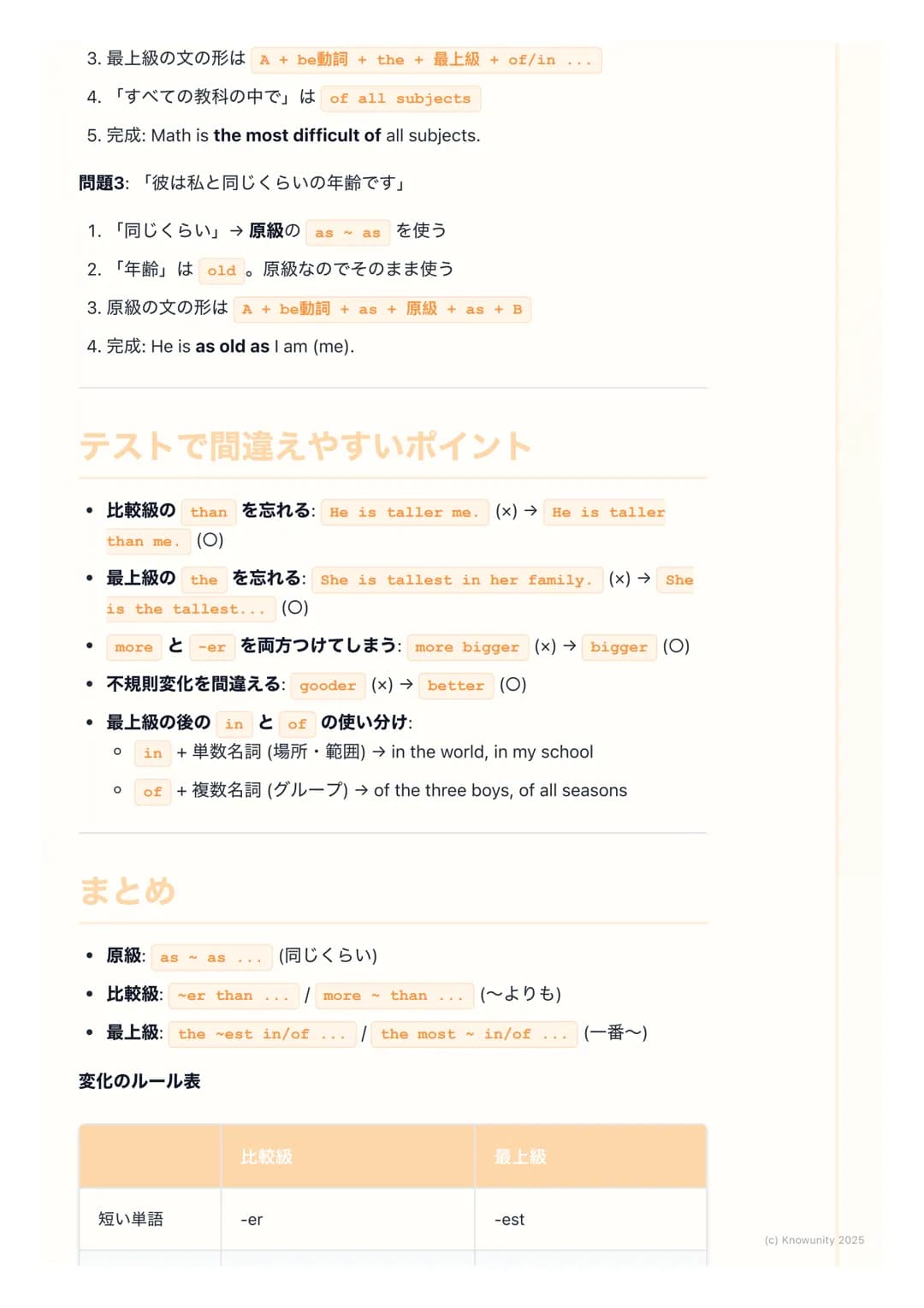 # 原級・比較級・最上級
比較表現の基本
2つ以上のものを比べて、「AはBと同じくらい〜だ」とか「AはBよりも〜だ」
「Aが一番〜だ」と言うときの表現方法。形容詞や副詞の形を変えるのがポイン
ト。テストでよく出るから、しっかりルールを覚える必要がある。
# 原級・比較級・最