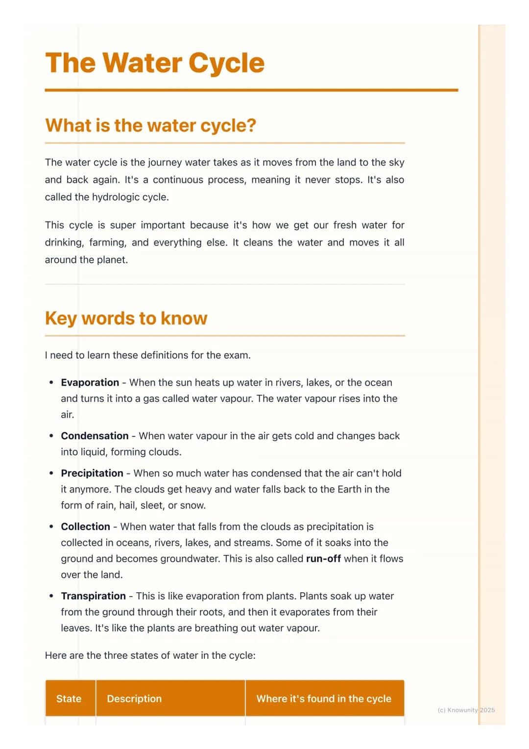 # The Water Cycle
## What is the water cycle?
The water cycle is the journey water takes as it moves from the land to the sky
and back aga