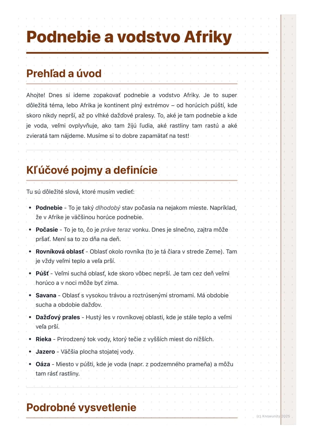 # Podnebie a vodstvo Afriky
Prehľad a úvod
Ahojte! Dnes si ideme zopakovať podnebie a vodstvo Afriky. Je to super
dôležitá téma, lebo Afri